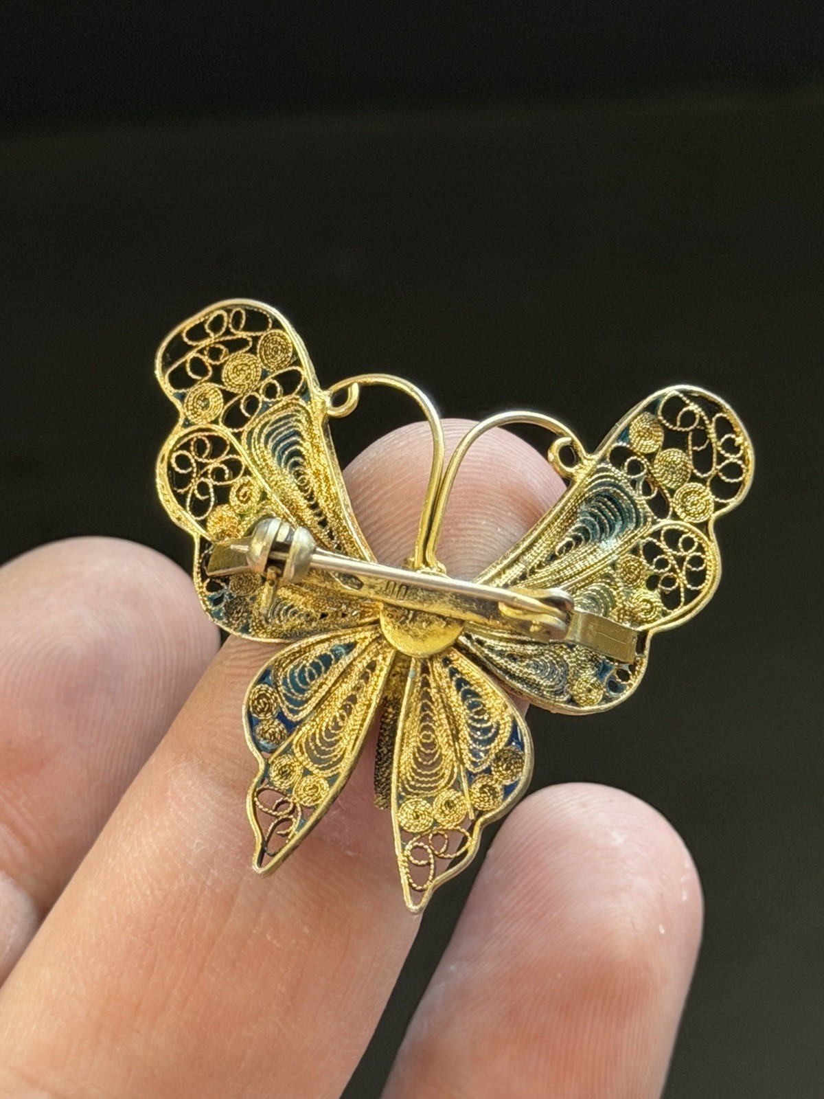 Vintage 800 FIne Silver Gold FInish Multi-Color Enamel Filigree Butterfly Brooch