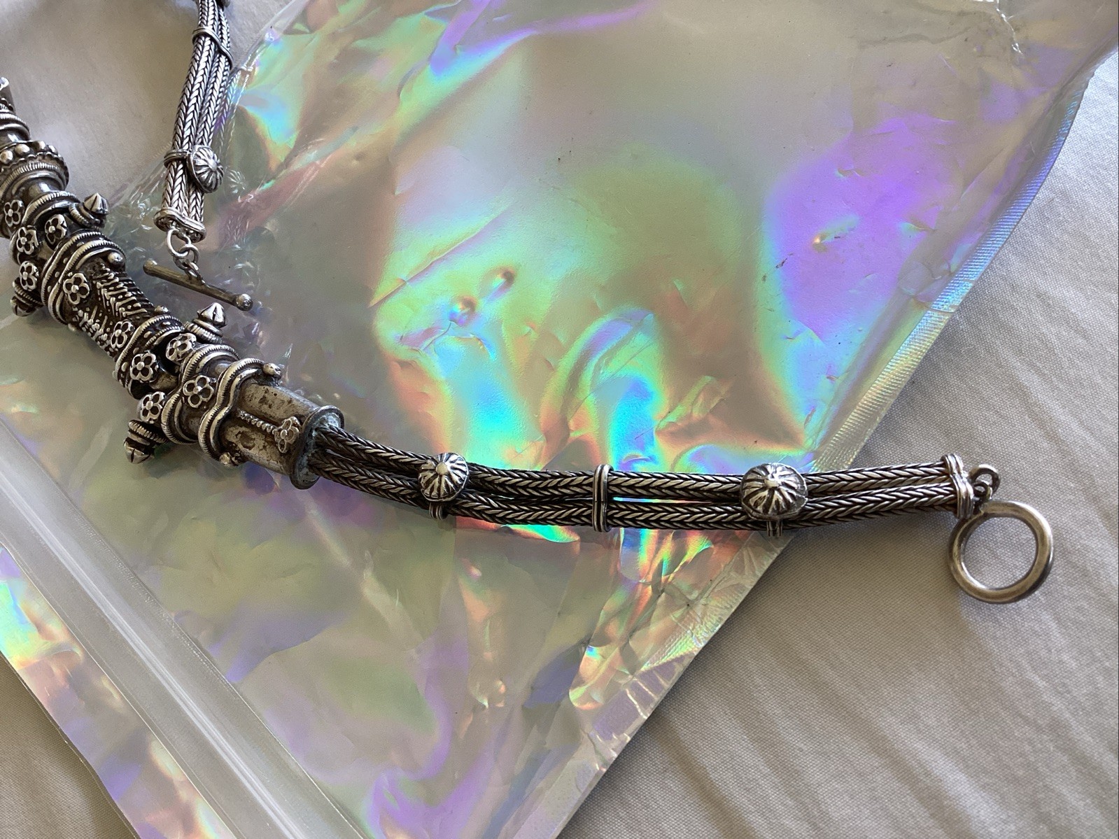 Vintage Heavy Silver Detailed Asian Indian Necklace Toggle Closure 186 Grams