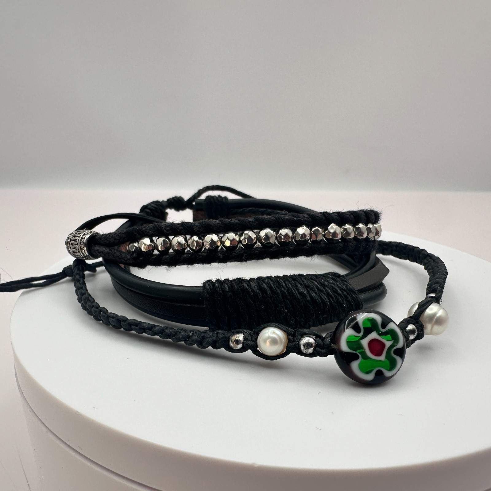 Vintage 90s Black Leather Glass Bead Bracelets Set Silver Tone Adjustable Boho