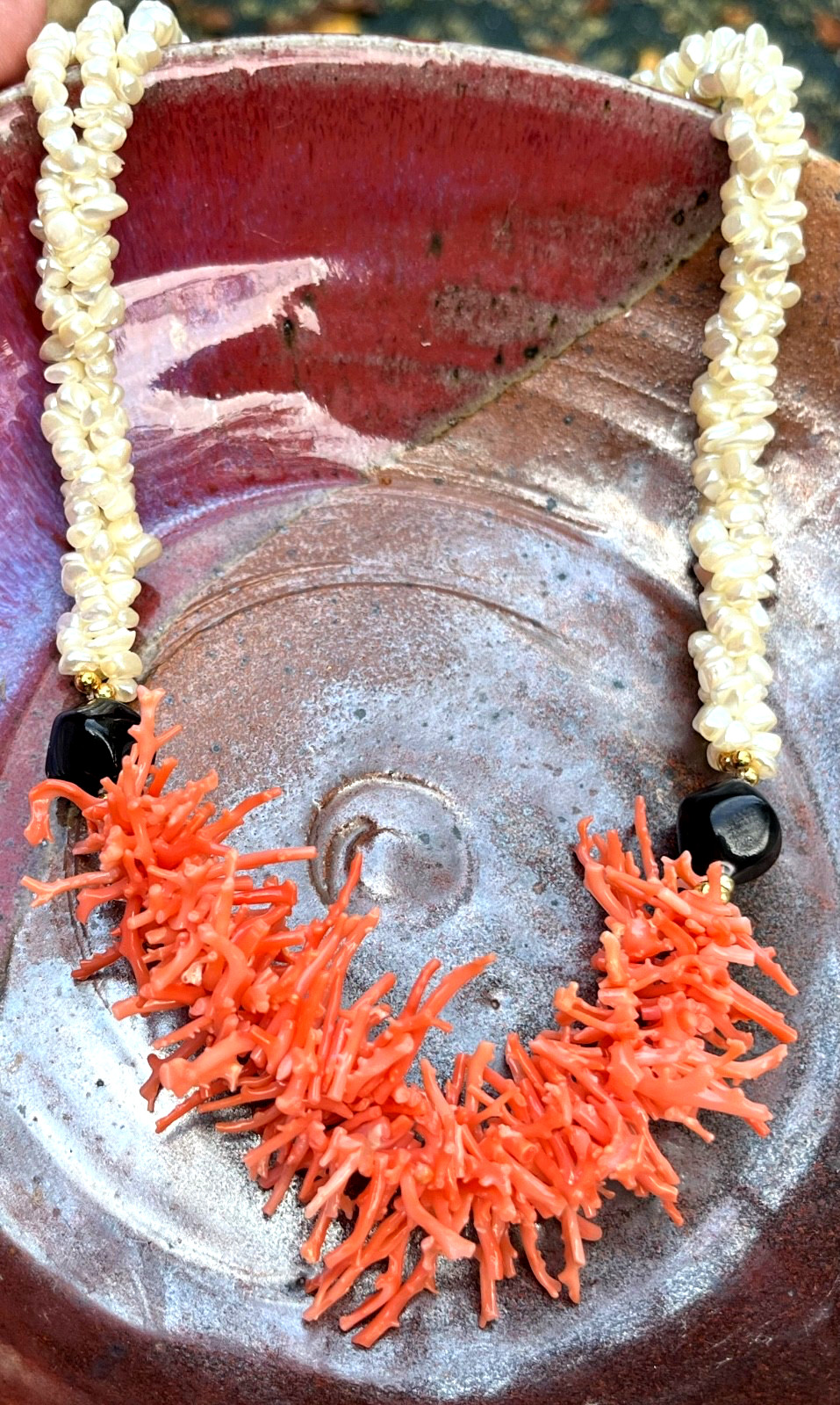 VINTAGE Faux Branch Coral & Fresh Water Pearl Cluster Statement Choker Necklace