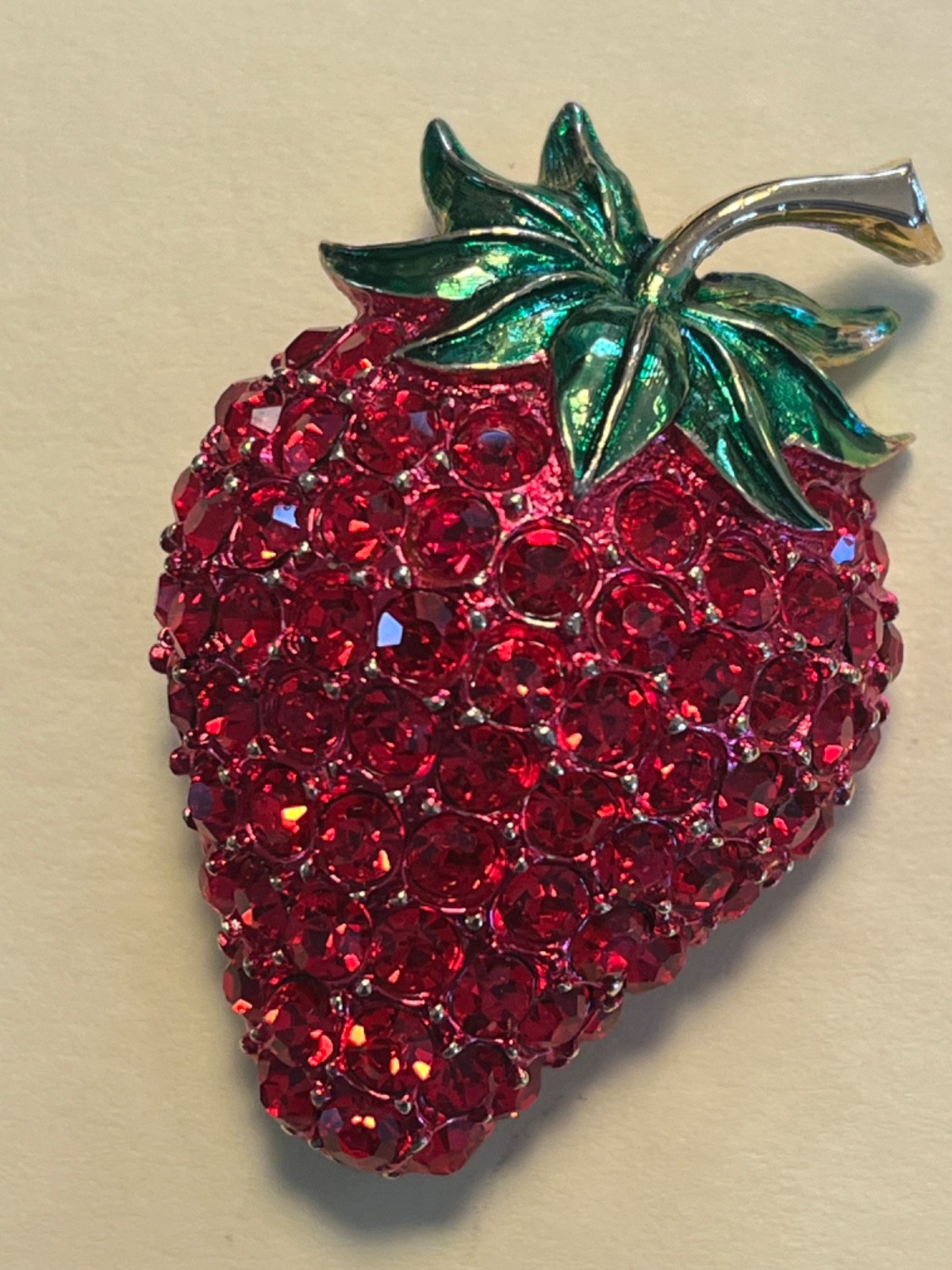 Yummy Red Crystal Rhinestone &Enamel Strawberry Brooch by Revere 1.75″Lx1.25″W