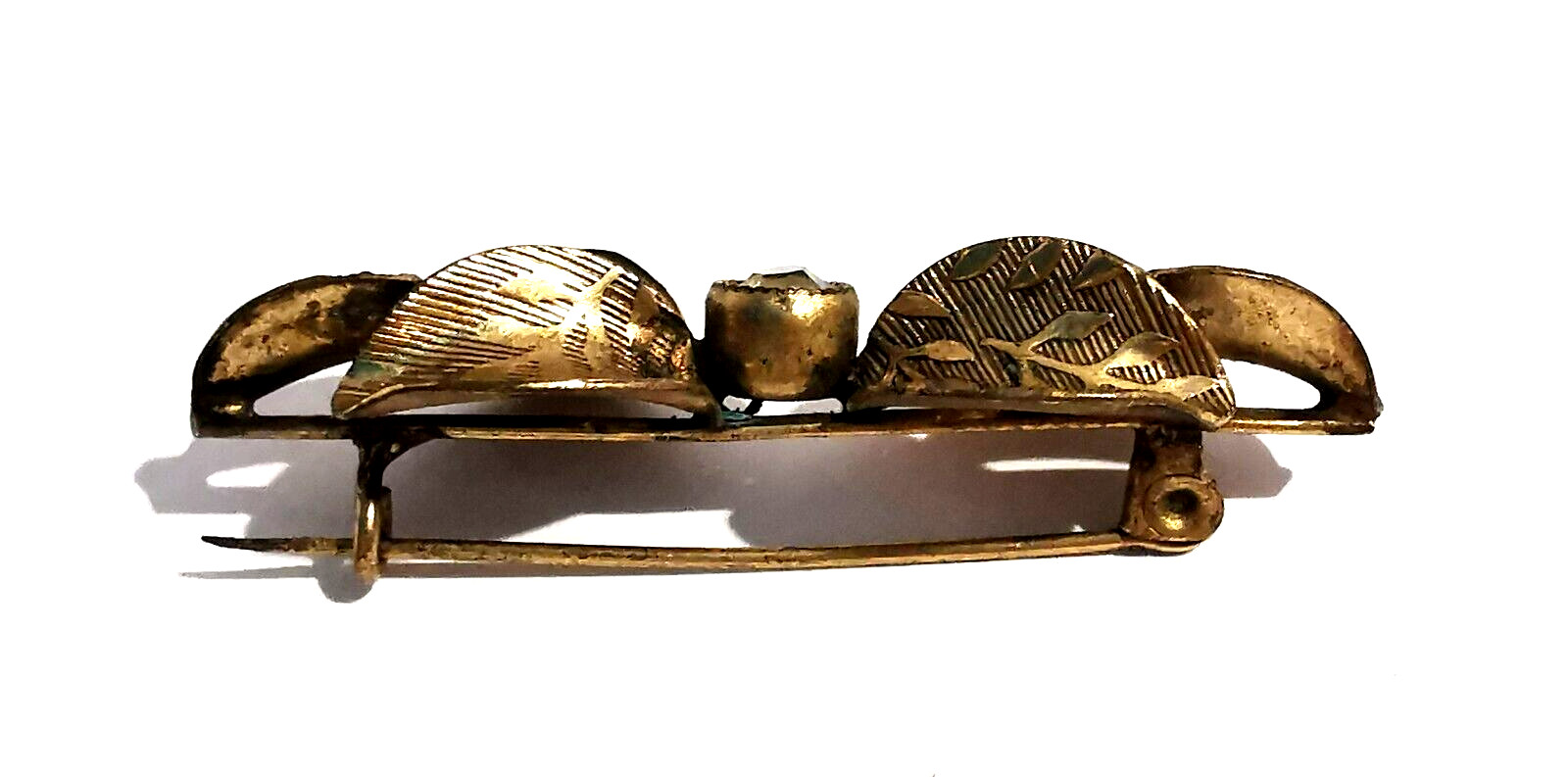 Vintage Czech Pin Brooch Floral Ornated Leafs Gilded Brass Colorless Rhinestone