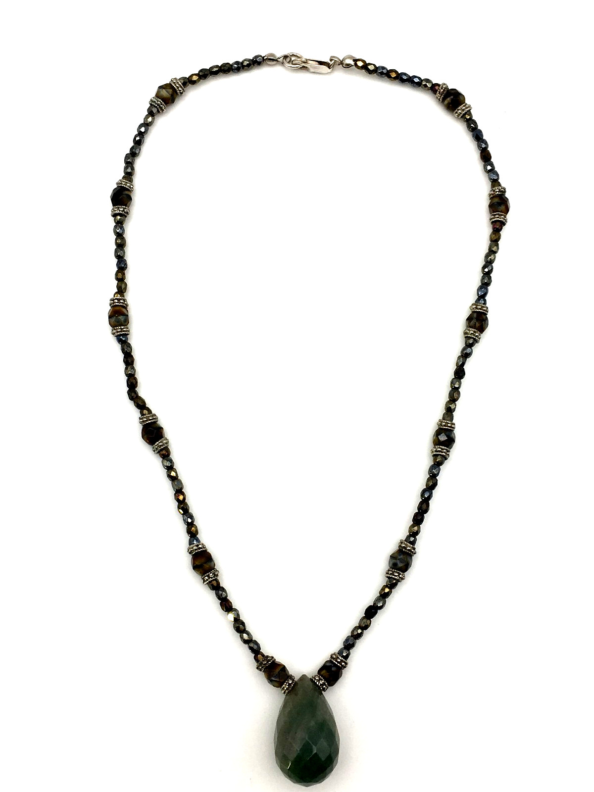 Vintage Blood Stone Pendant Crystal Hematite Czech Beads Sterling 16″ Necklace