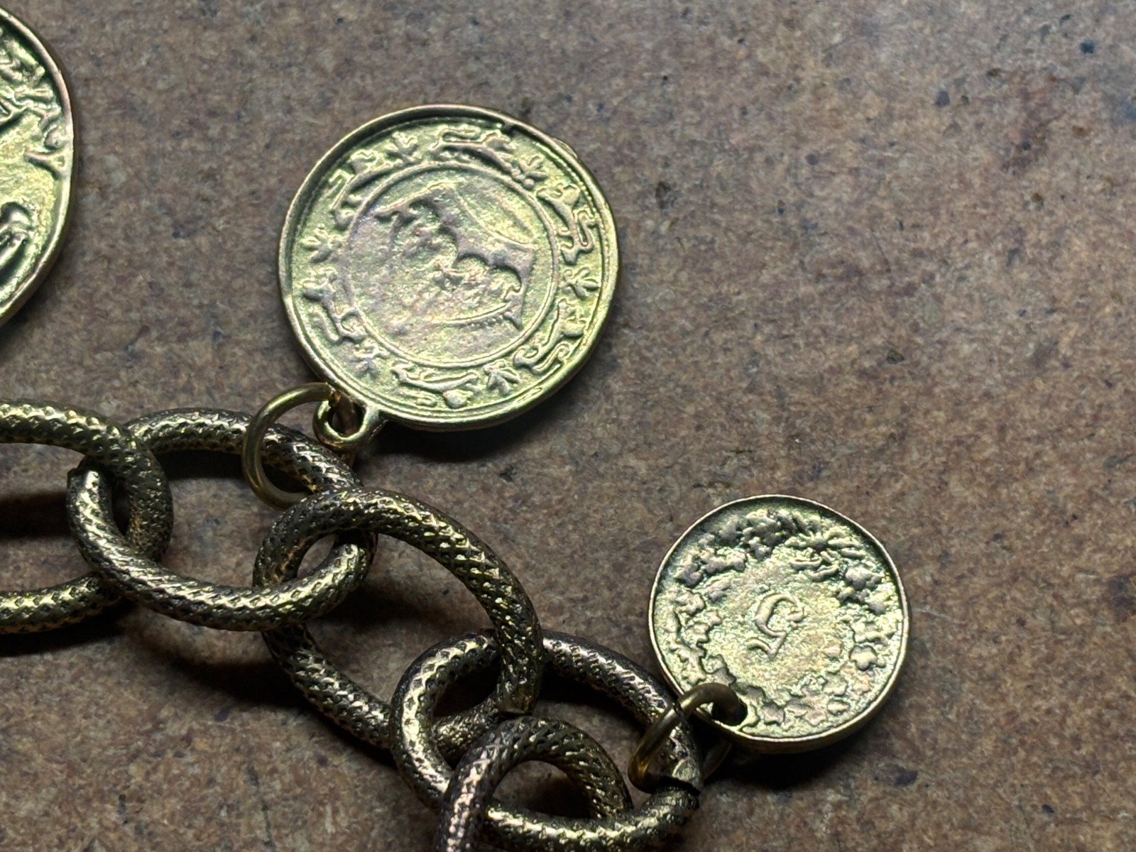 Vintage YOCHI NY Multi Chain Link GREEN ROMAN BRITISH SWISS GOLD COIN Bracelet