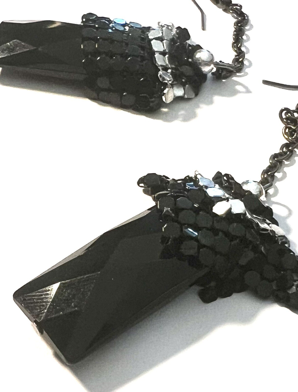 Vintage Retro Dangle Black And Silver Tone Metal Chain And Crystal Hook Earrings