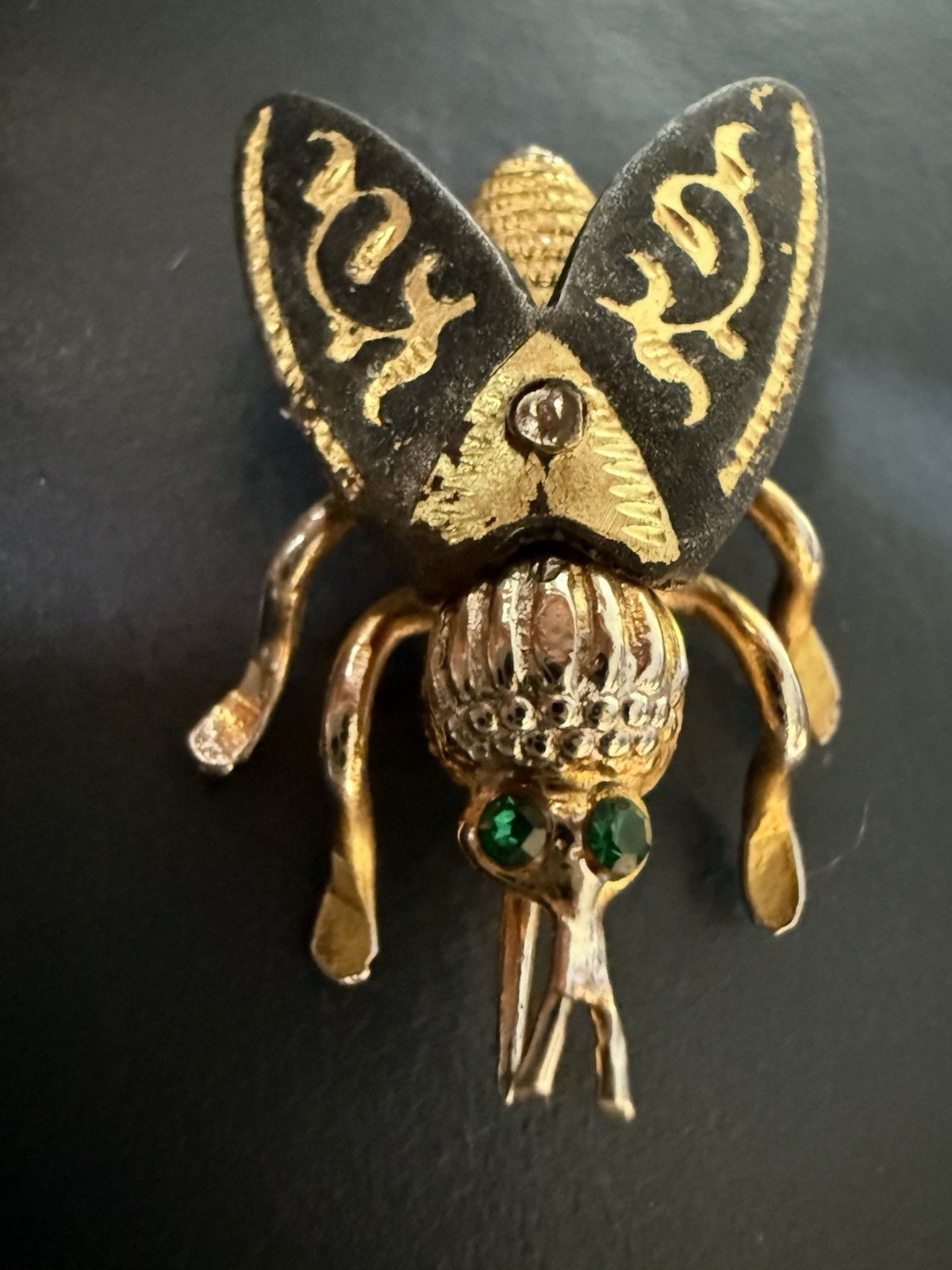 Vintage Spanish Damascene Toledo fly bug insect figural gold toned brooch pin
