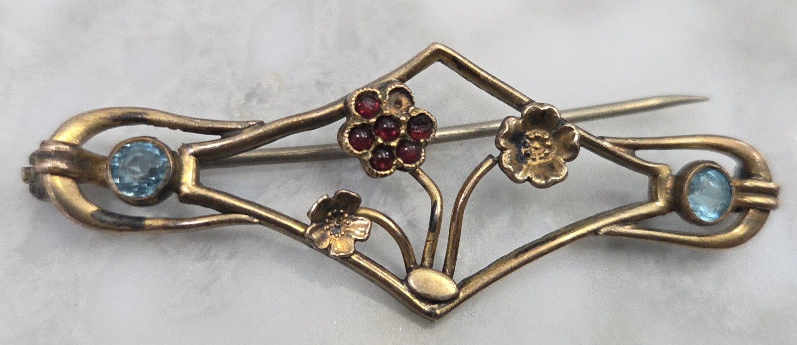 Antique Art Nouveau Floral Brooch Garnet Cluster Blue Glass Stones Gold Tone