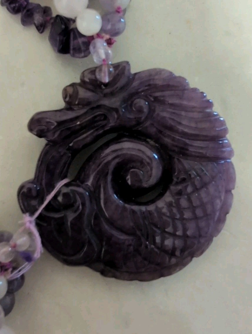 STUNNING VINTAGE MULTI STRAND CARVED AMETHYST DRAGON ROSE QUARTZ NECKLACE-L@@K