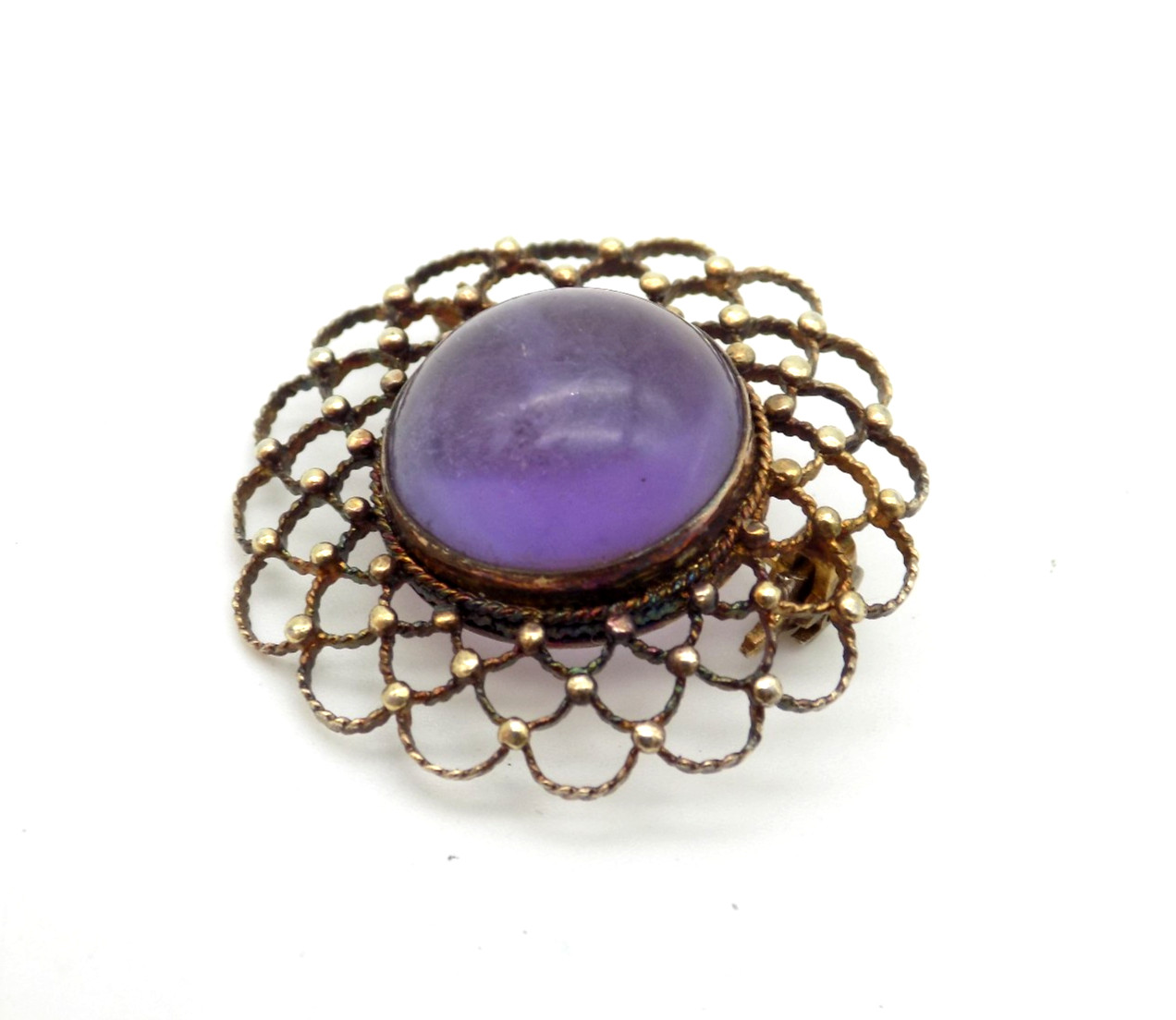 Sterling Silver Purple Amethyst Cabochon Brooch Ornate Woven Gold Vermeil