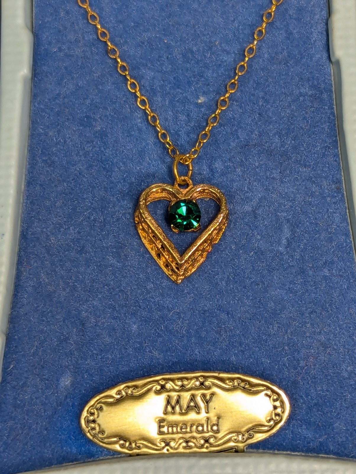 Vintage Gold Filled Chain Necklace 16″ Emerald Filigree Heart Pendant May