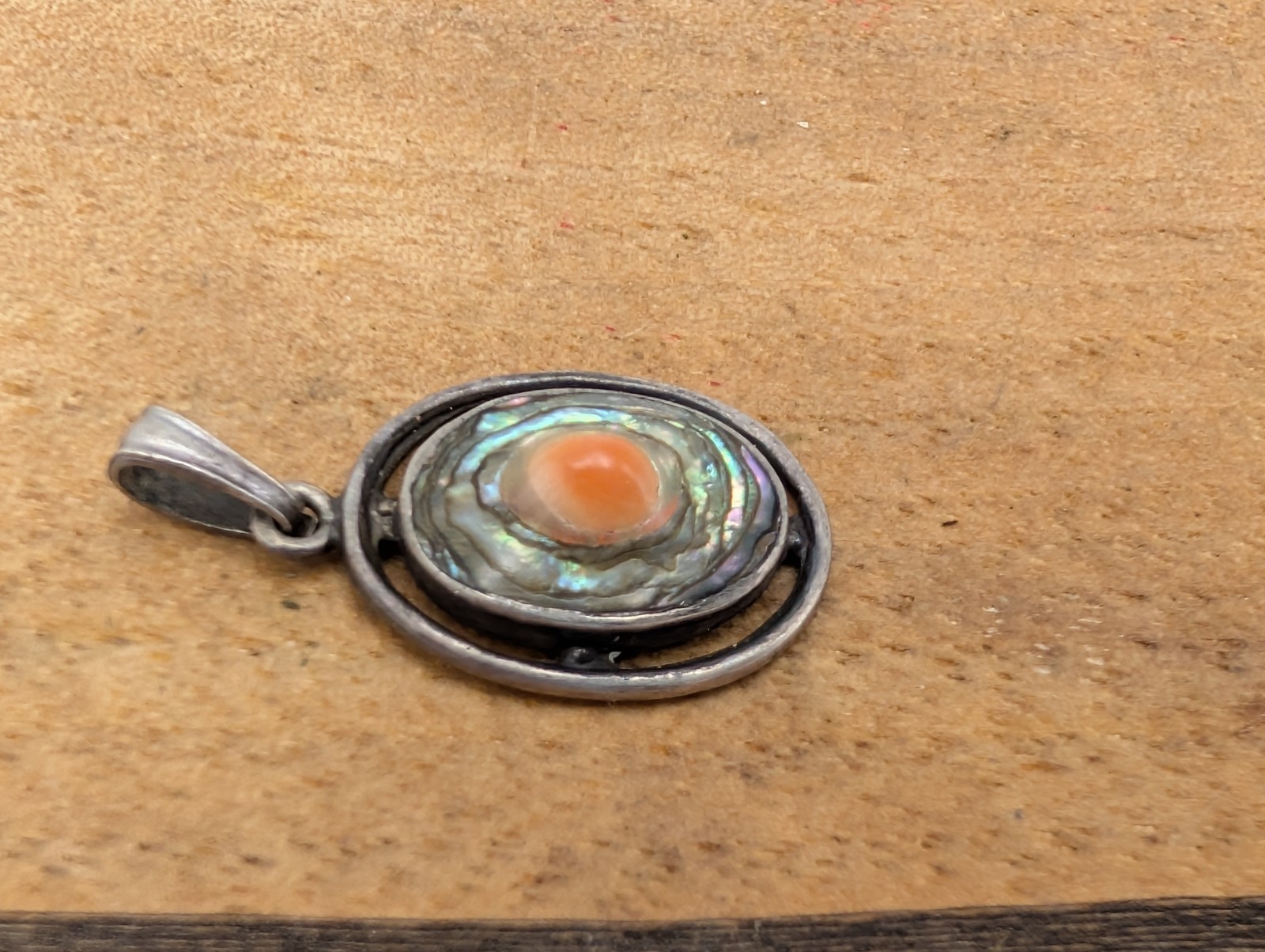 Vintage 925 Sterling Silver Orange Coral and Abalone Pendant 1″