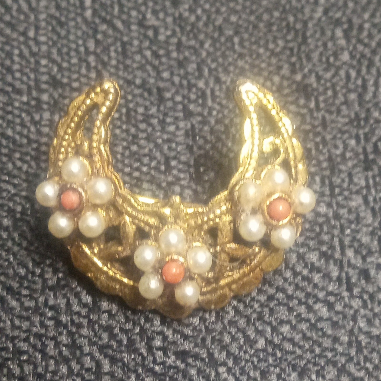 Celestial Crescent Moon Brooch Vintage Tacoa Flower Pearl Filigree Estate Pin