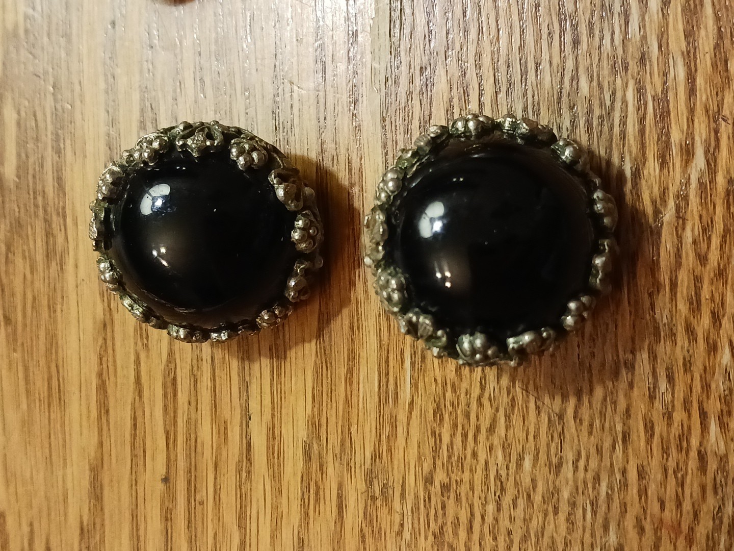 Vintage 4 Pr. Clip Back Earrings-1950s, 1980s. Round. Black, Green, Blue, White