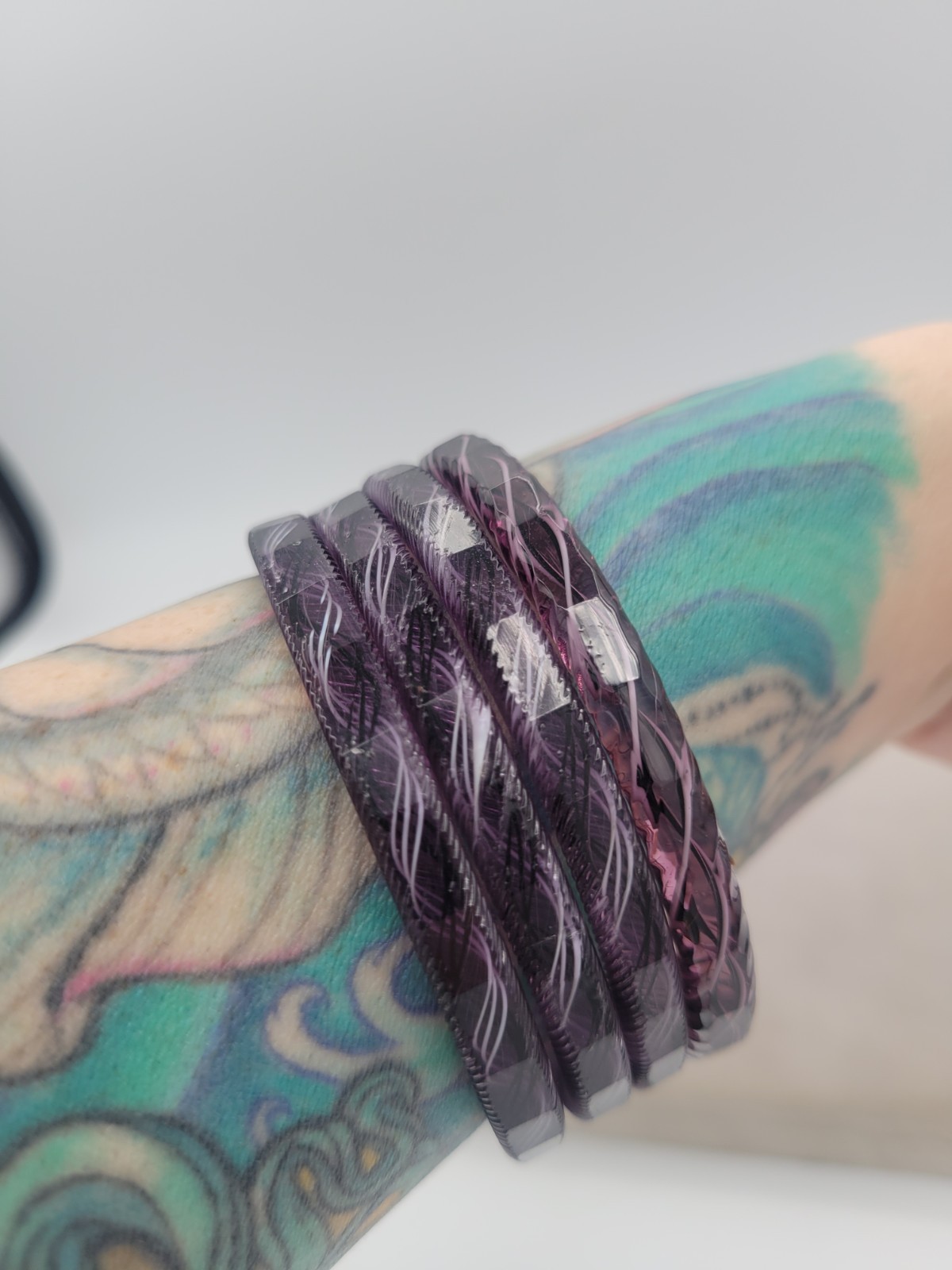 Vintage Murano Purple Art Glass White Black Swirl Ribbon Faceted Bangle Bracelet