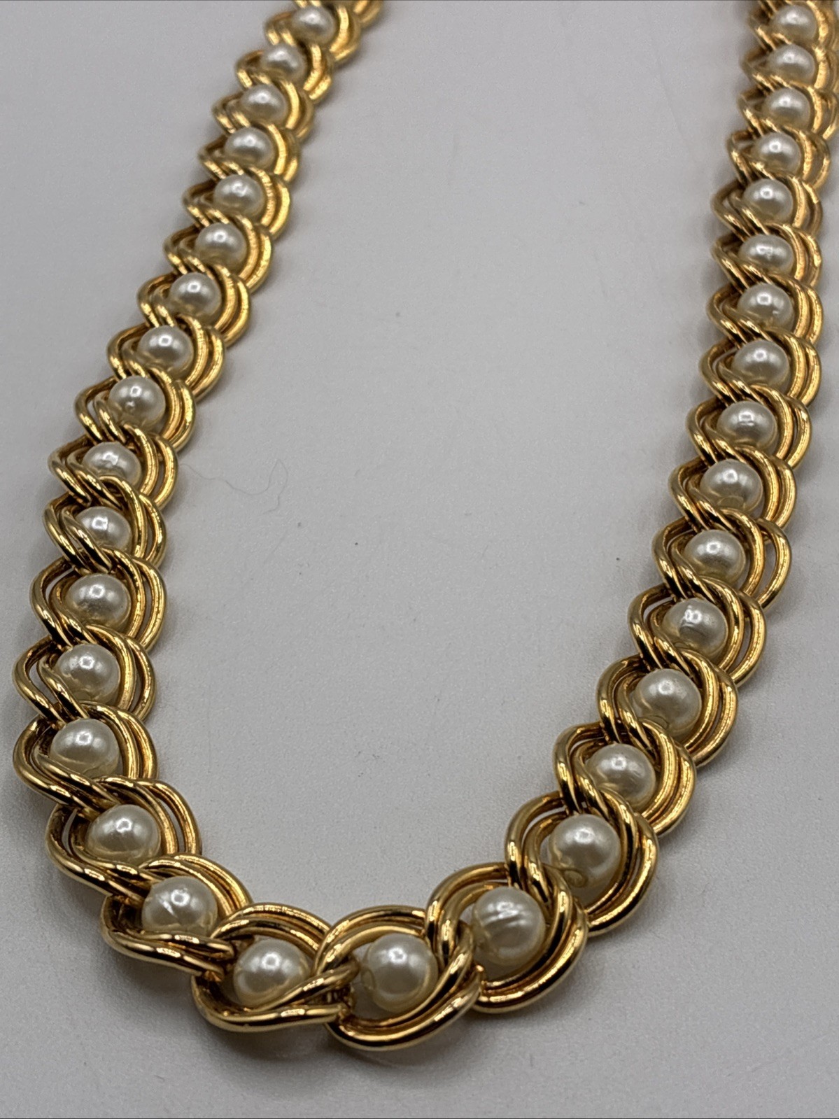 Vintage Double Gold Tone Chain Choker Necklace Faux Pearl Caged 18” Woven