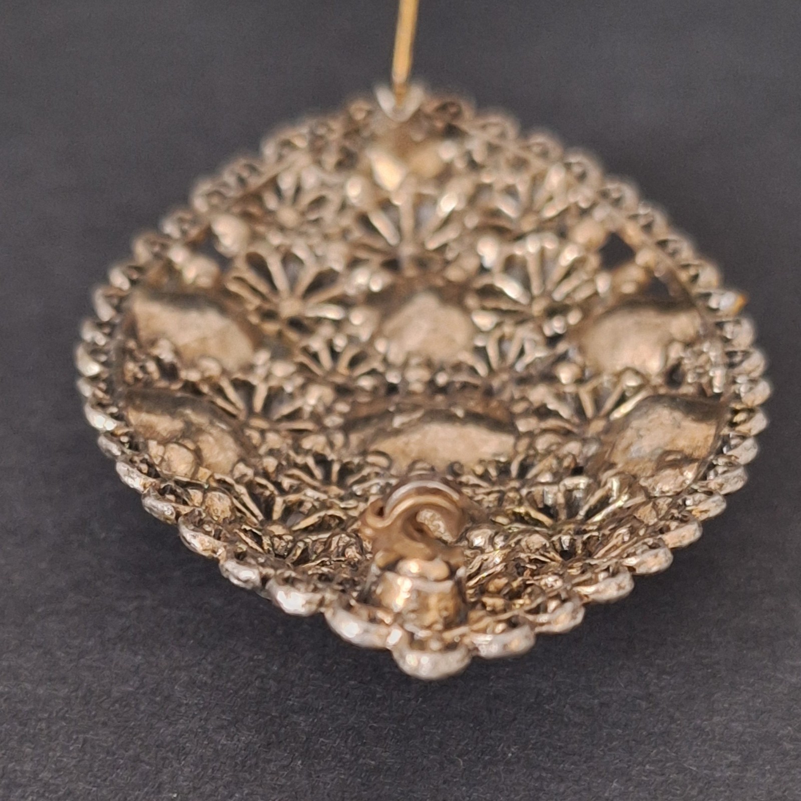New England Glass Works Brooch Silver Tone Floral Filigree Czech Rhinestones VTG