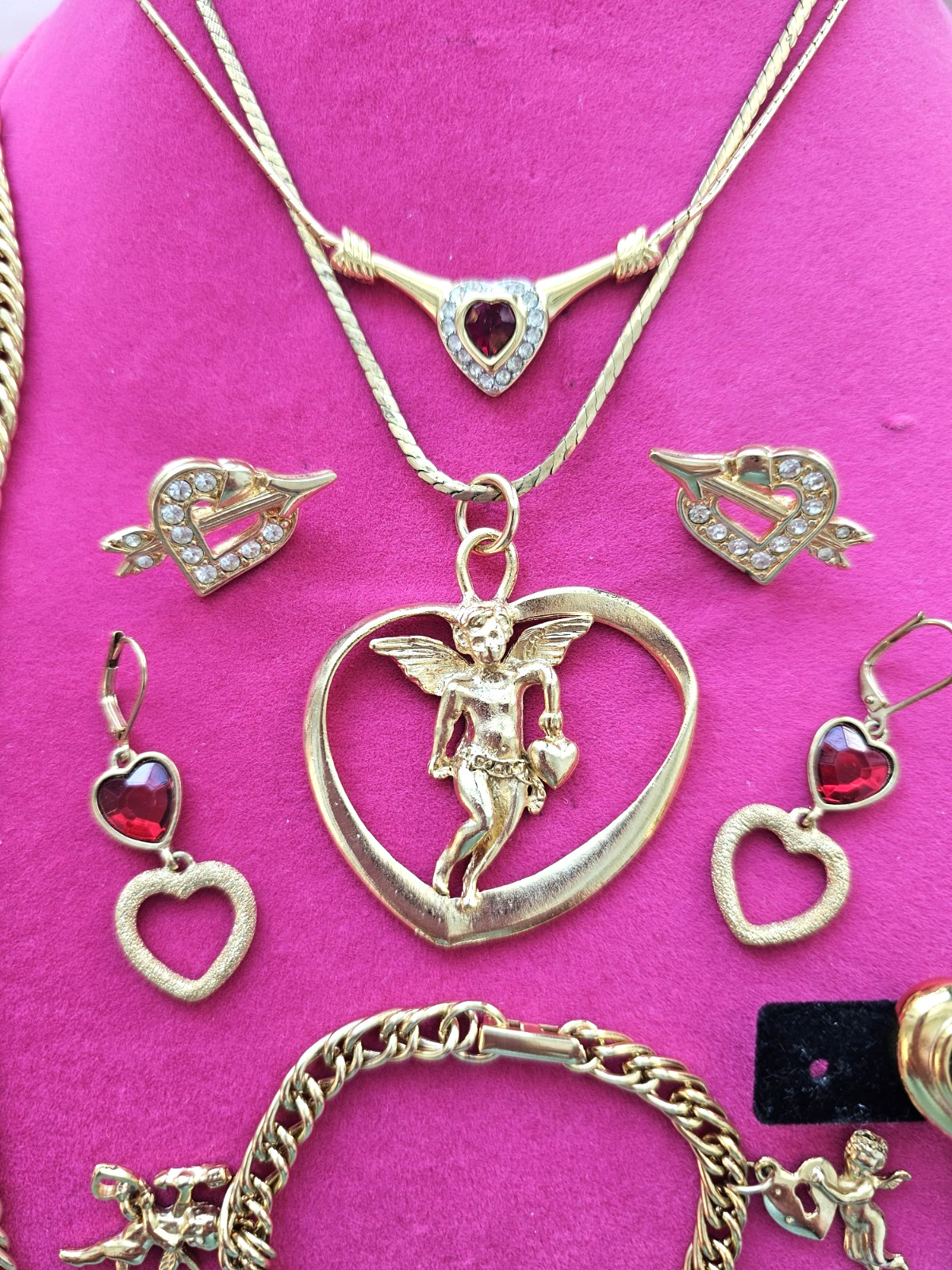 Signed Monet Red Heart Necklace Vintage Gold Tone Rhinestone Jewelry Lot Earring