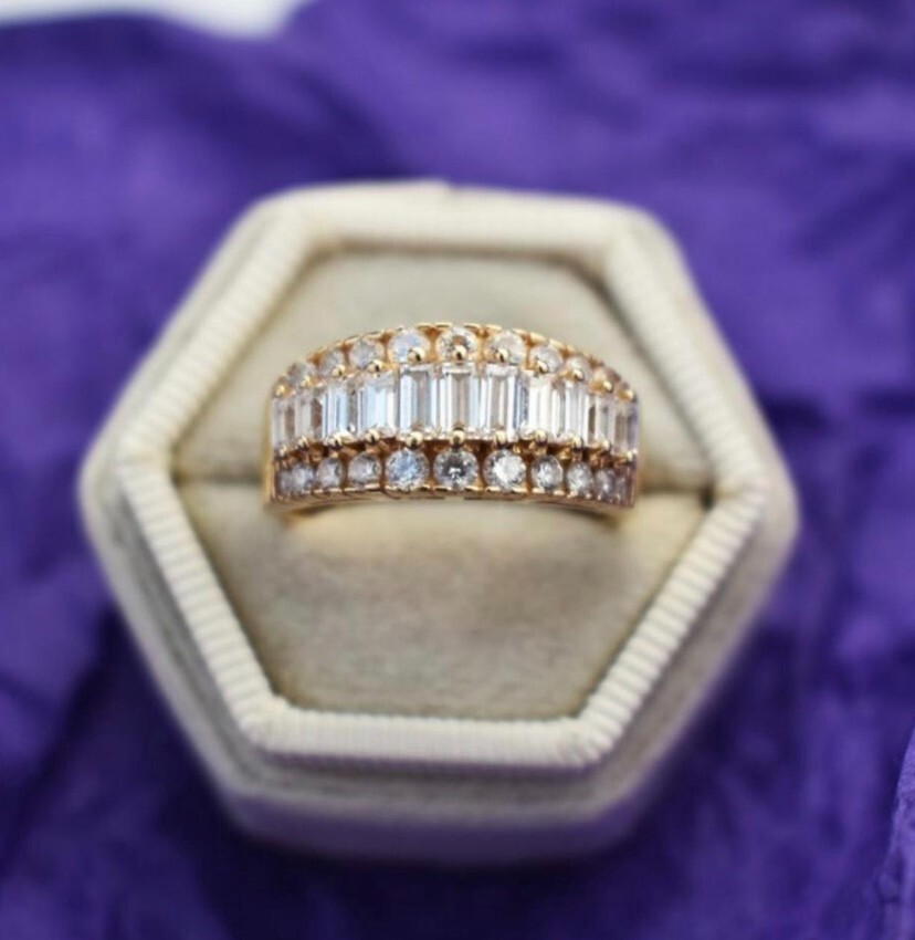 Right hand ring for women, massive baguette cz anniversary band solid 14K gold