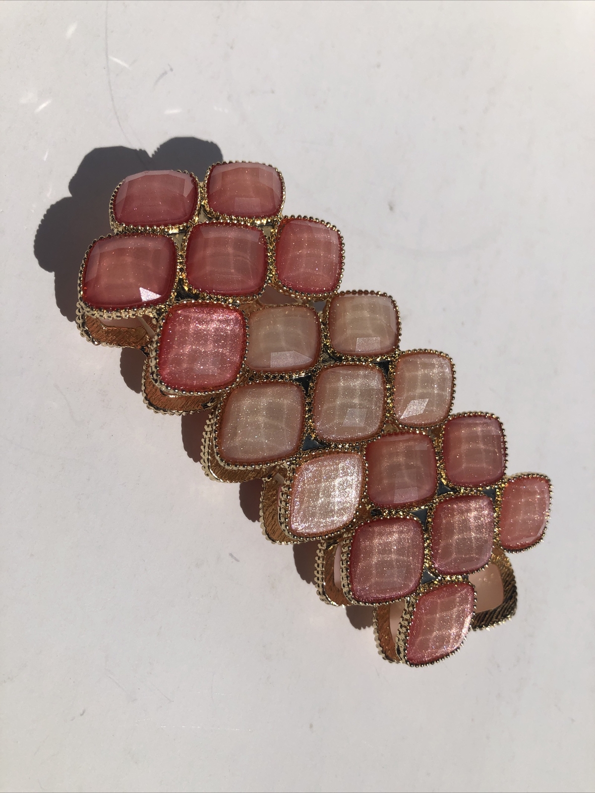 Pink Stone Stretch Cuff Bracelet Gold Tone Statement Piece Costume Jewelry