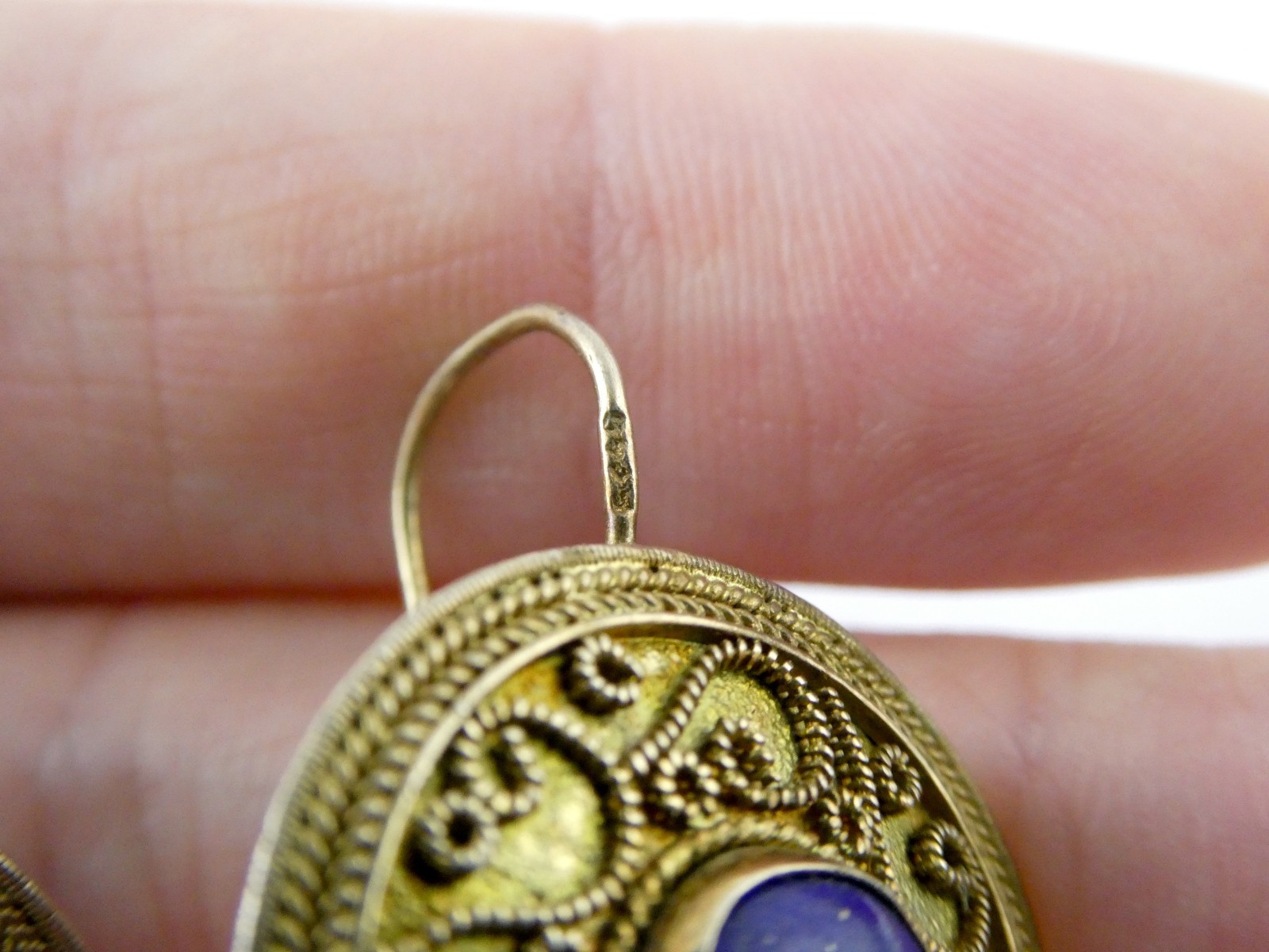 Vintage Gilt Sterling Silver Scroll Motif Lapis Lazuli Hook Earrings 7.3g 1.25In