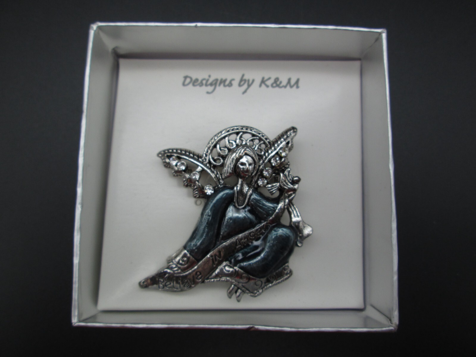 Vintage Angel Brooch Pin Silver Tone Rhinestone Blue Enamel Believe Estate NIB