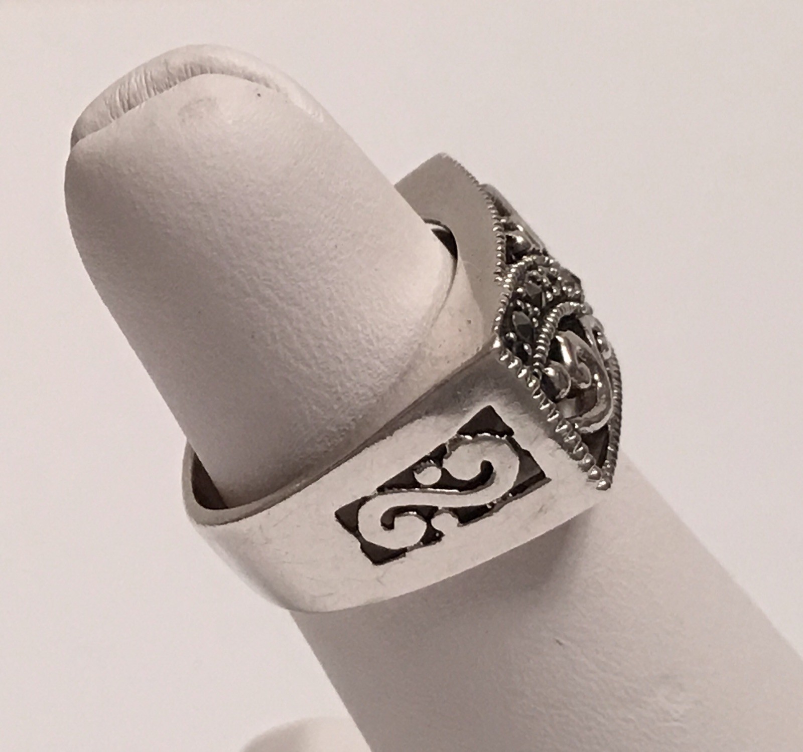 Vintage CW Sterling Silver Marcasite Wide Rectangle Swirl Scroll Size 6.25 Ring