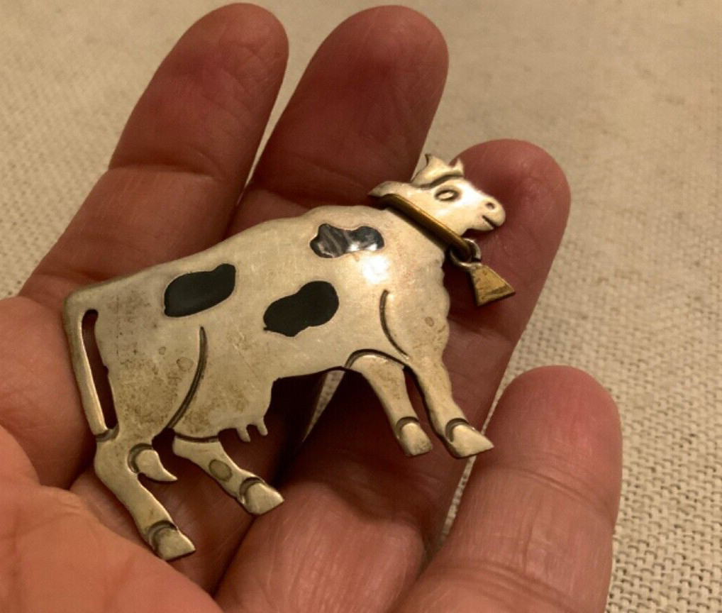 sterling silver Watch FOB brooch pendant 925 pin cow farm country oil slick VTG