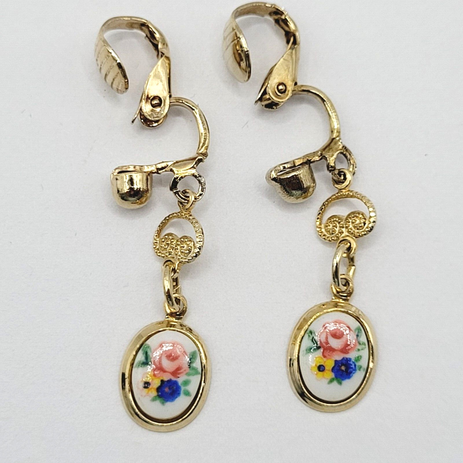 Petite Hand Painted Flowers Porcelain Gold Tone Drop Dangle Vintage Earrings