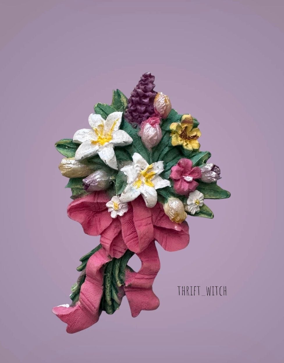 Vintage Pin Brooch Flower Bouquet With Bow Pink White Green Purple Yellow Used –