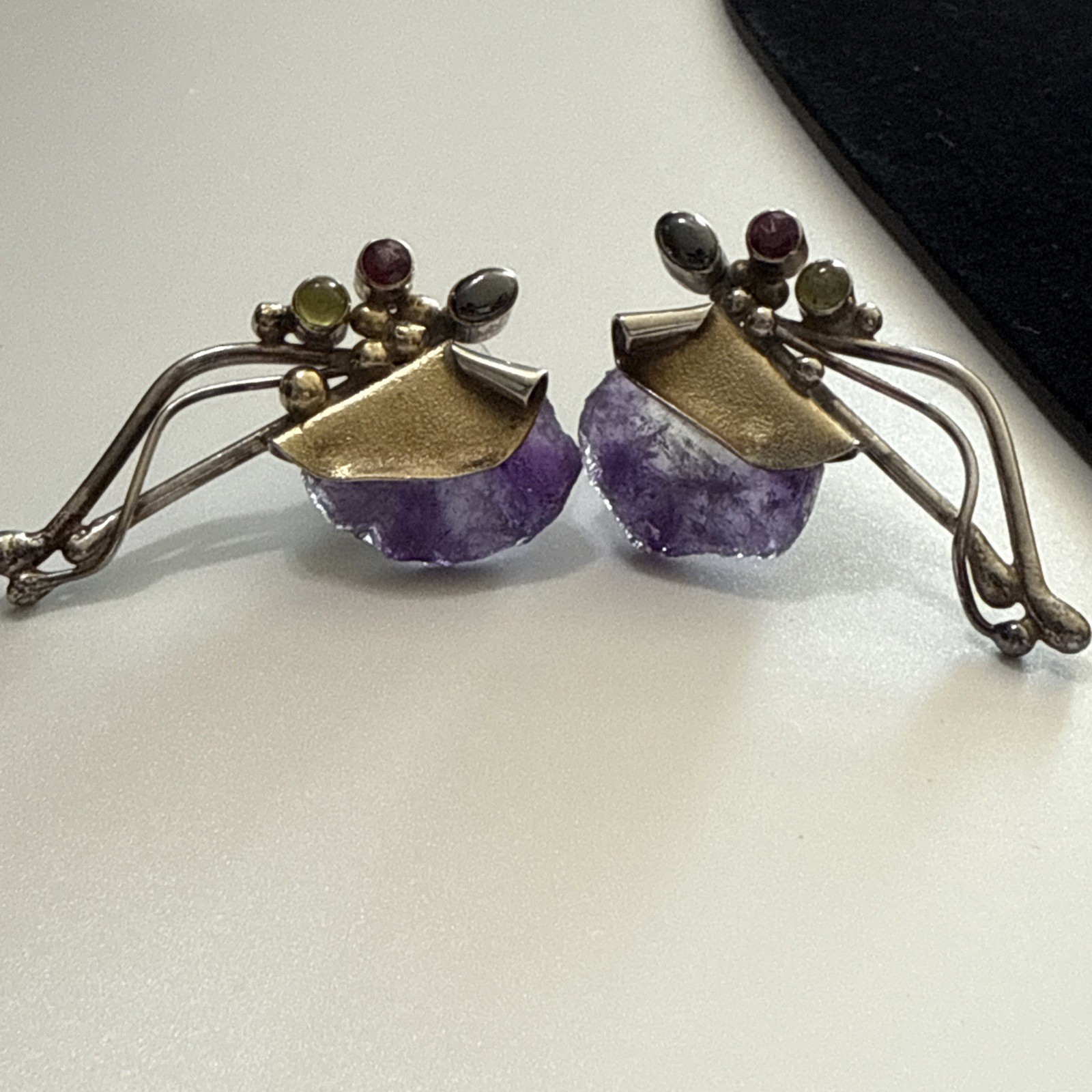 Vintage Artisan Amethyst Geode Sterling Silver Pierced Earrings