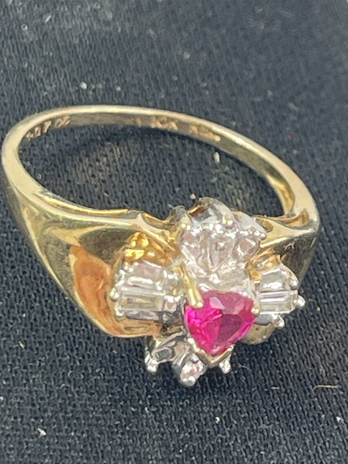10k Yellow Gold RBC Hearts & Garnet Flowers Cocktail Ring Superb ! Size 6.5
