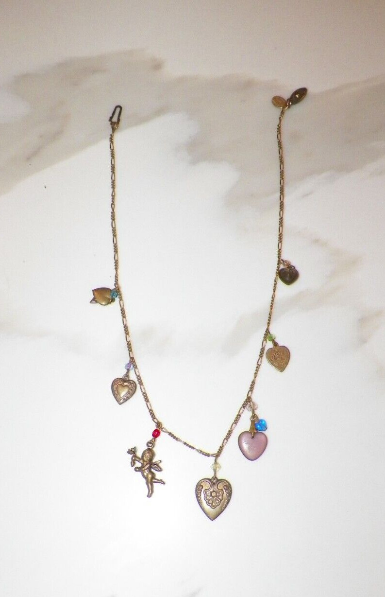 VINTAGE GLASS WORKS STUDIO HEARTS & CHERUB CHARMS NECKLACE 16″