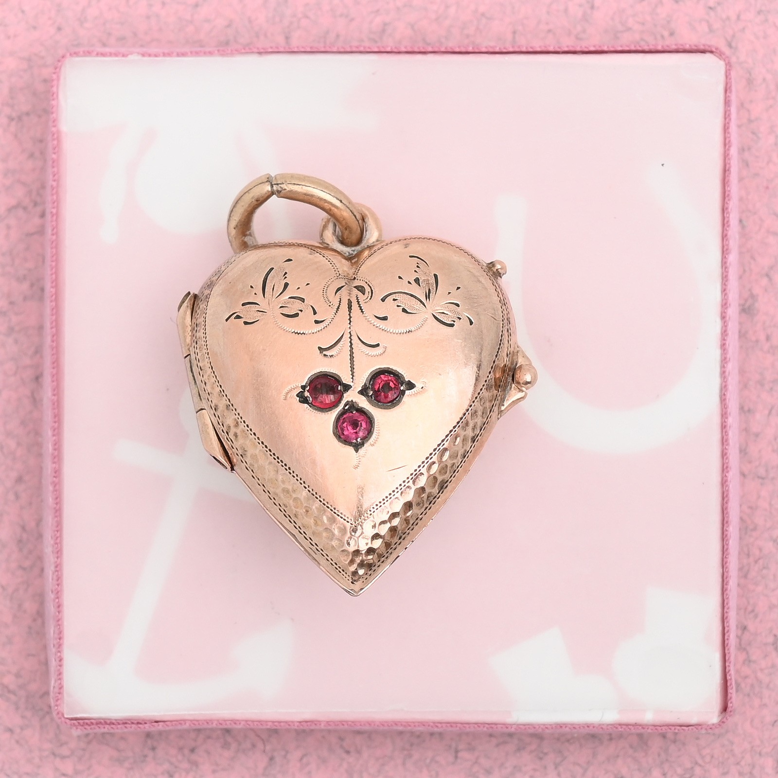 Antique Victorian Rose Gold Filled HEART CLOVER Paste Puffy Charm Pendant Locket
