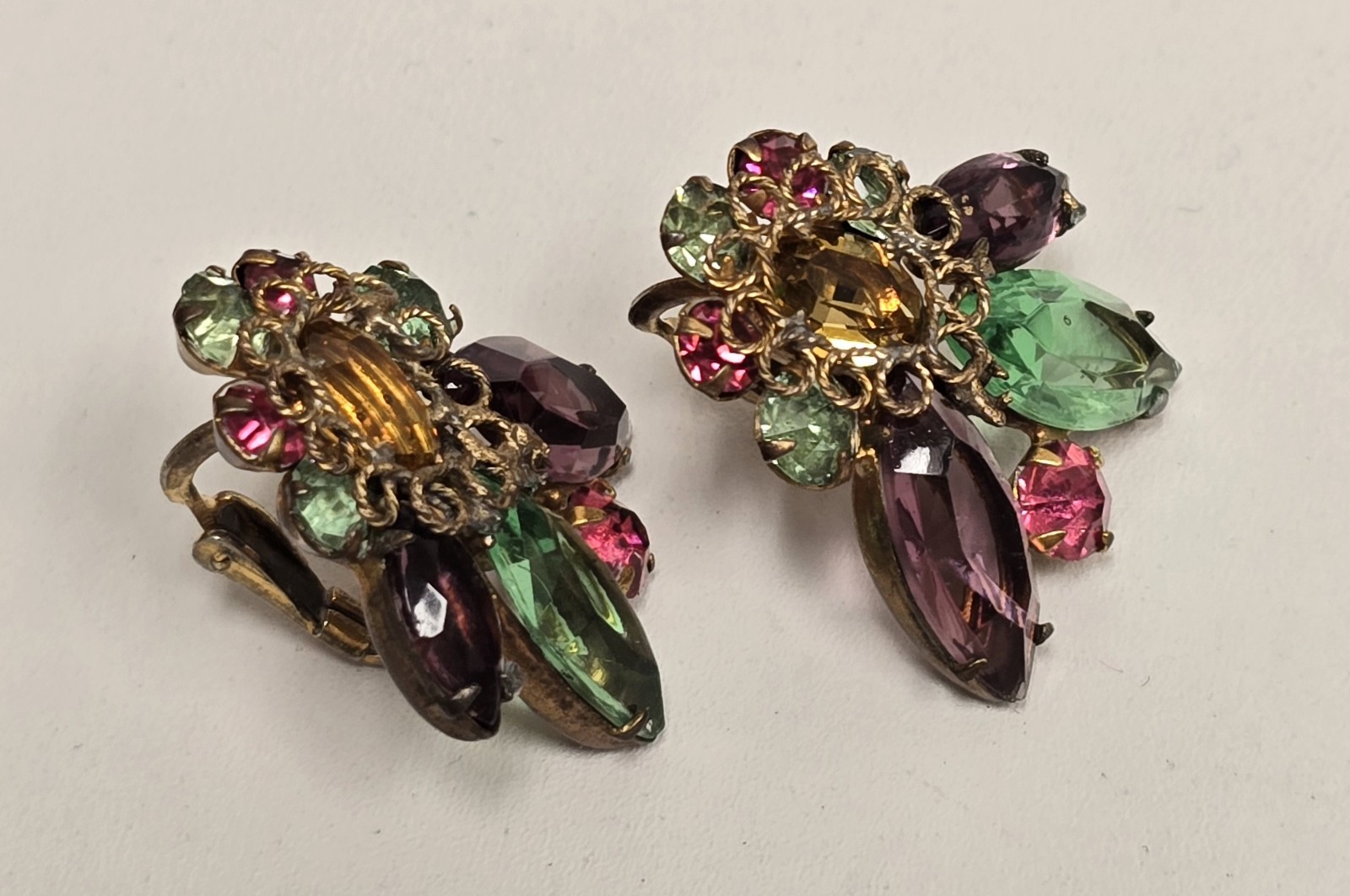 Vintage Original By Robert Brass Filigree Rhinestone Earrings