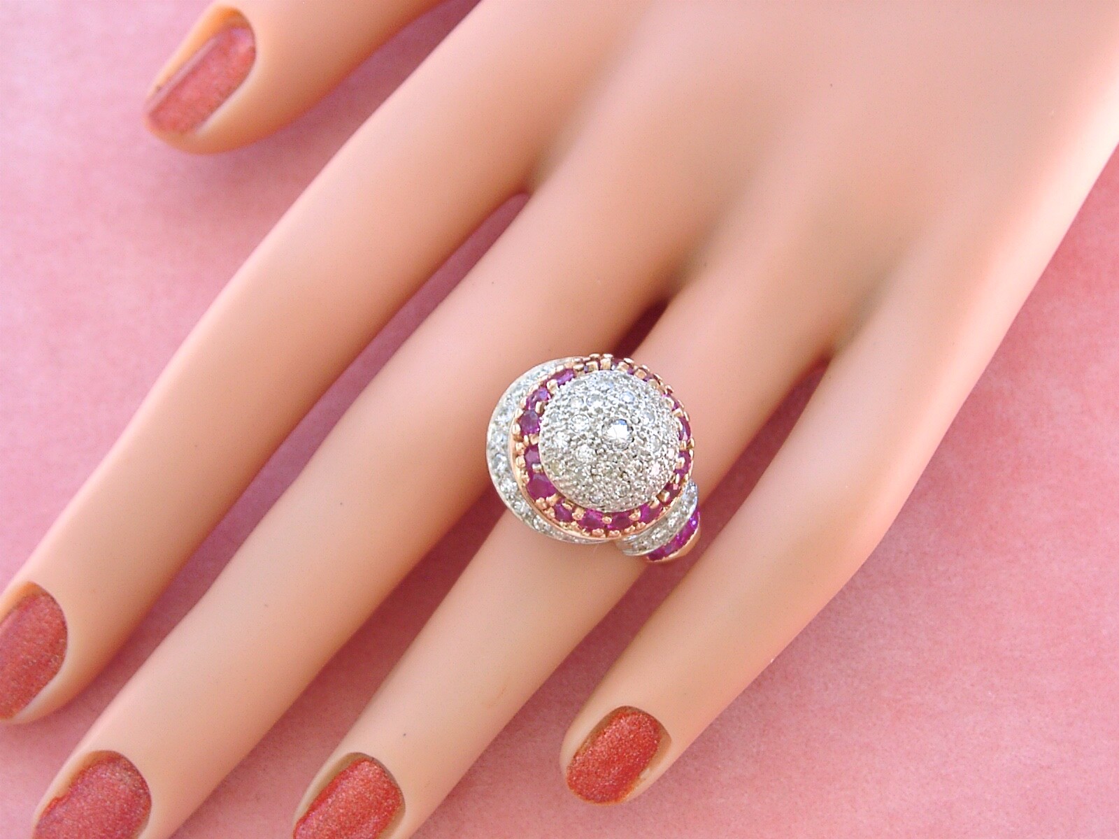 VINTAGE RETRO 1.38ctw DIAMOND 1.23ctw RUBY ATOMIC SPACE COCKTAIL PINKY RING 1940