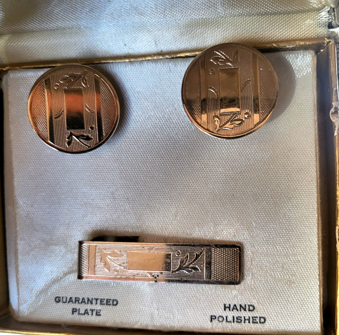 Vintage 1970s Mr Tara Silver Plate Hand Polished Cuff Links & Tie Clip Set w/Box