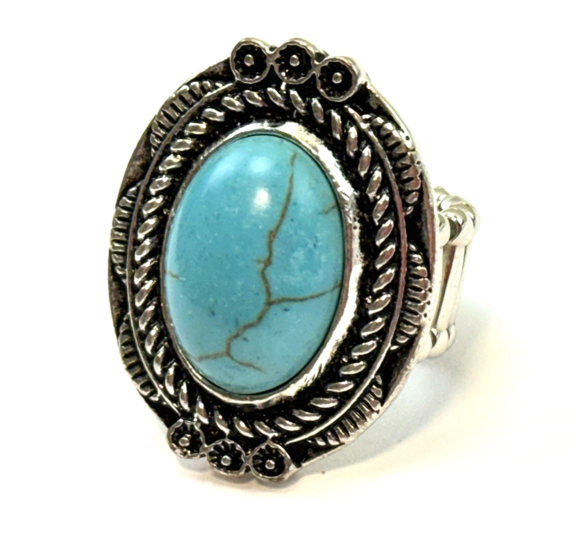 Vintage Blue Faux Turquoise Stretch Band Ring Silver Tone Cocktail Size 8