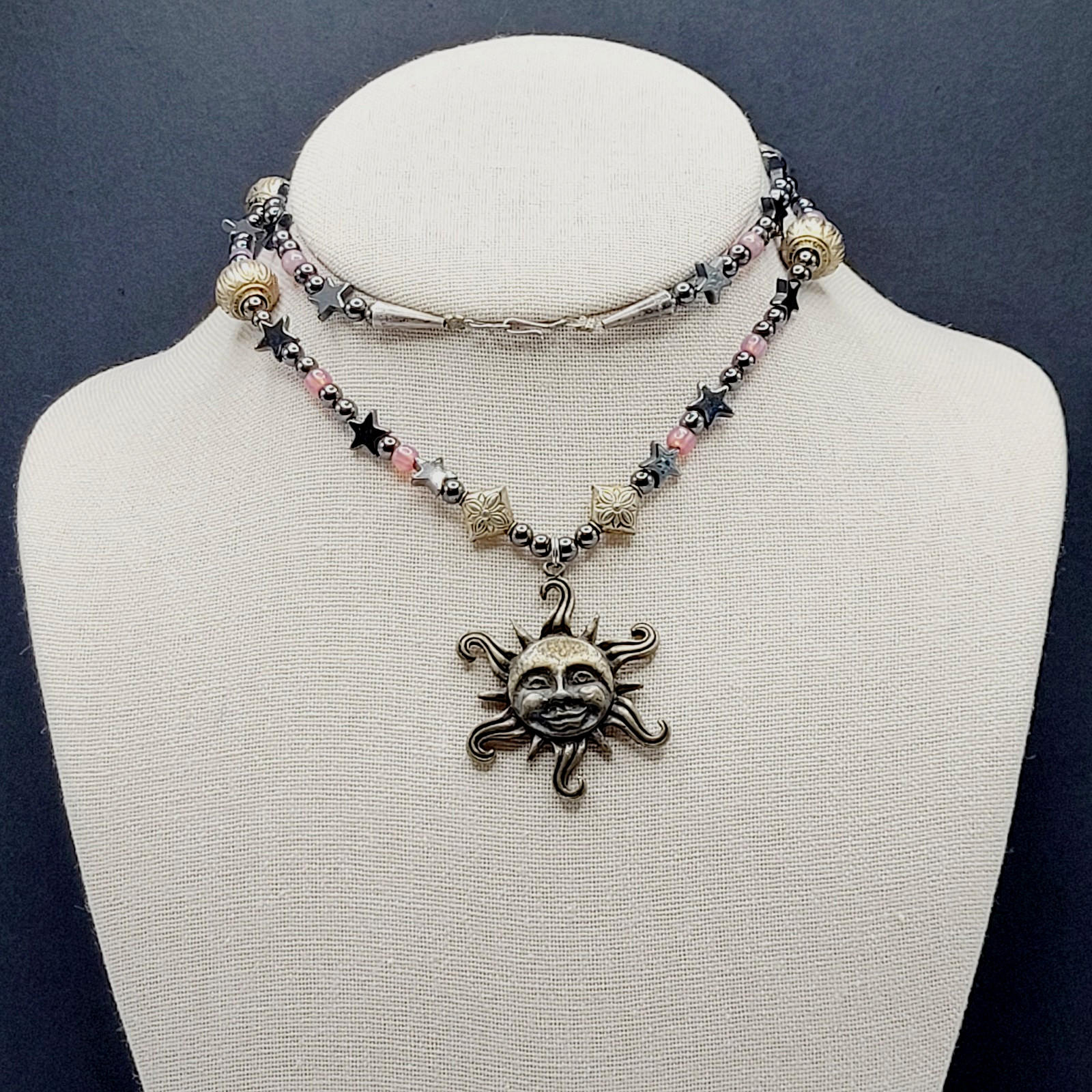 Celestial Sun Stars Black Hematine Bead Pendant Gold Tone Cone Ends Necklace