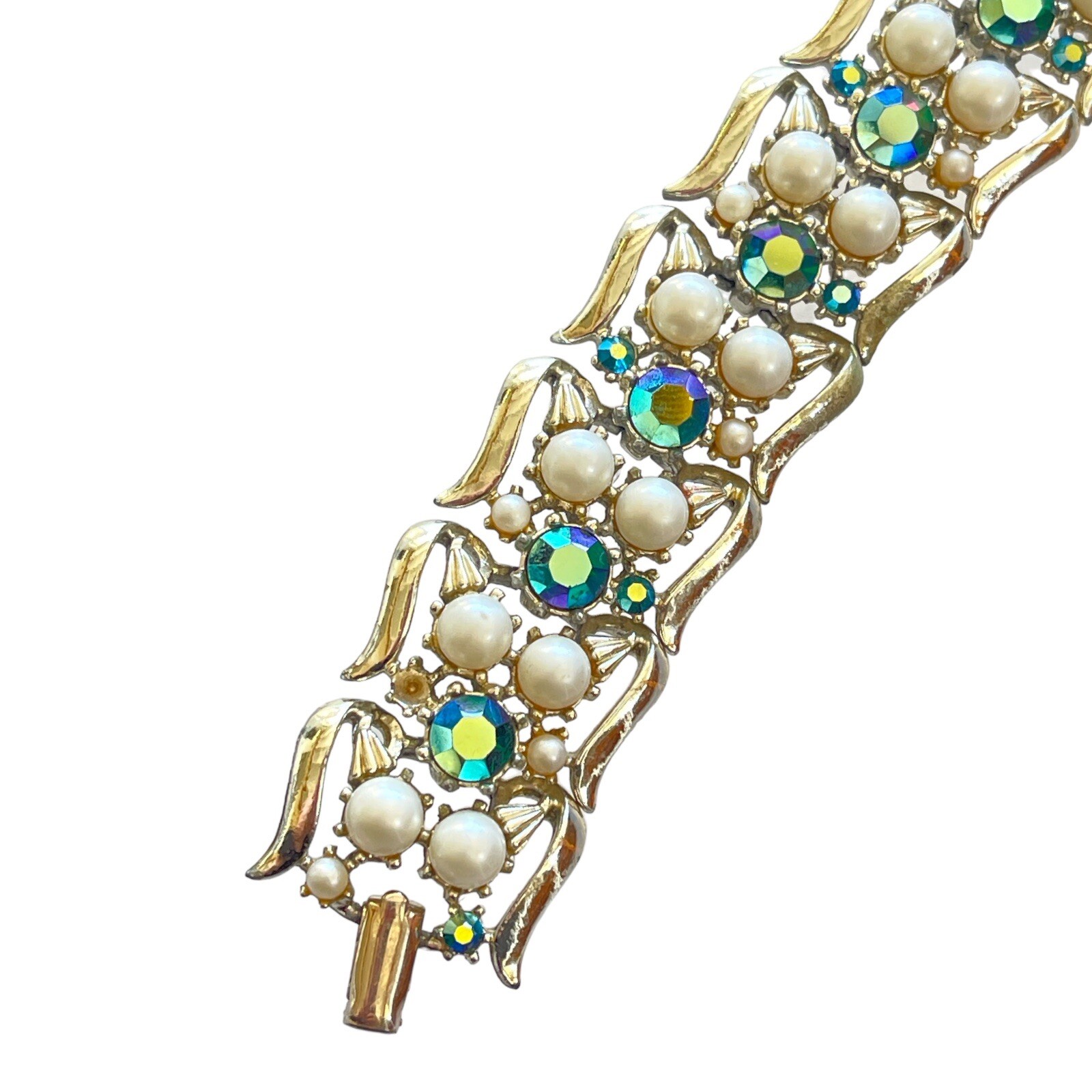 Vintage Jewelcraft Rhinestones & Faux Pearls Bracelet Dark Green AB