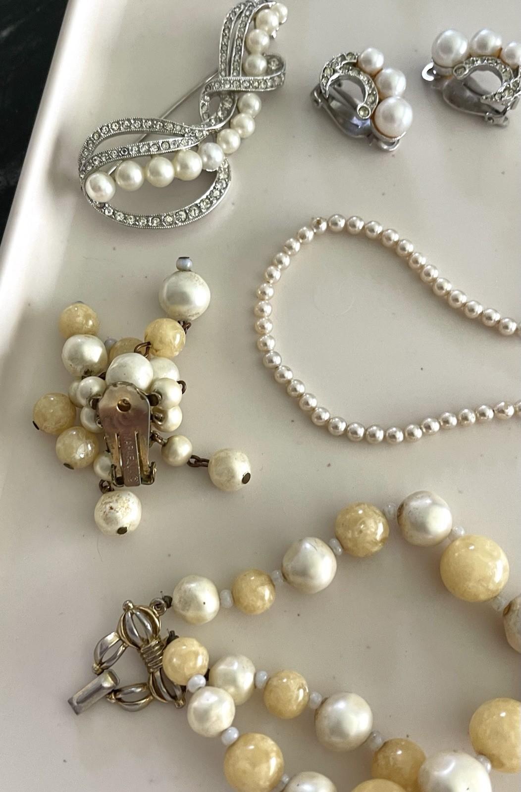 VINTAGE Marvella Jewelry LOT Faux Pearls Necklace, Earrings Rhinestone brooch