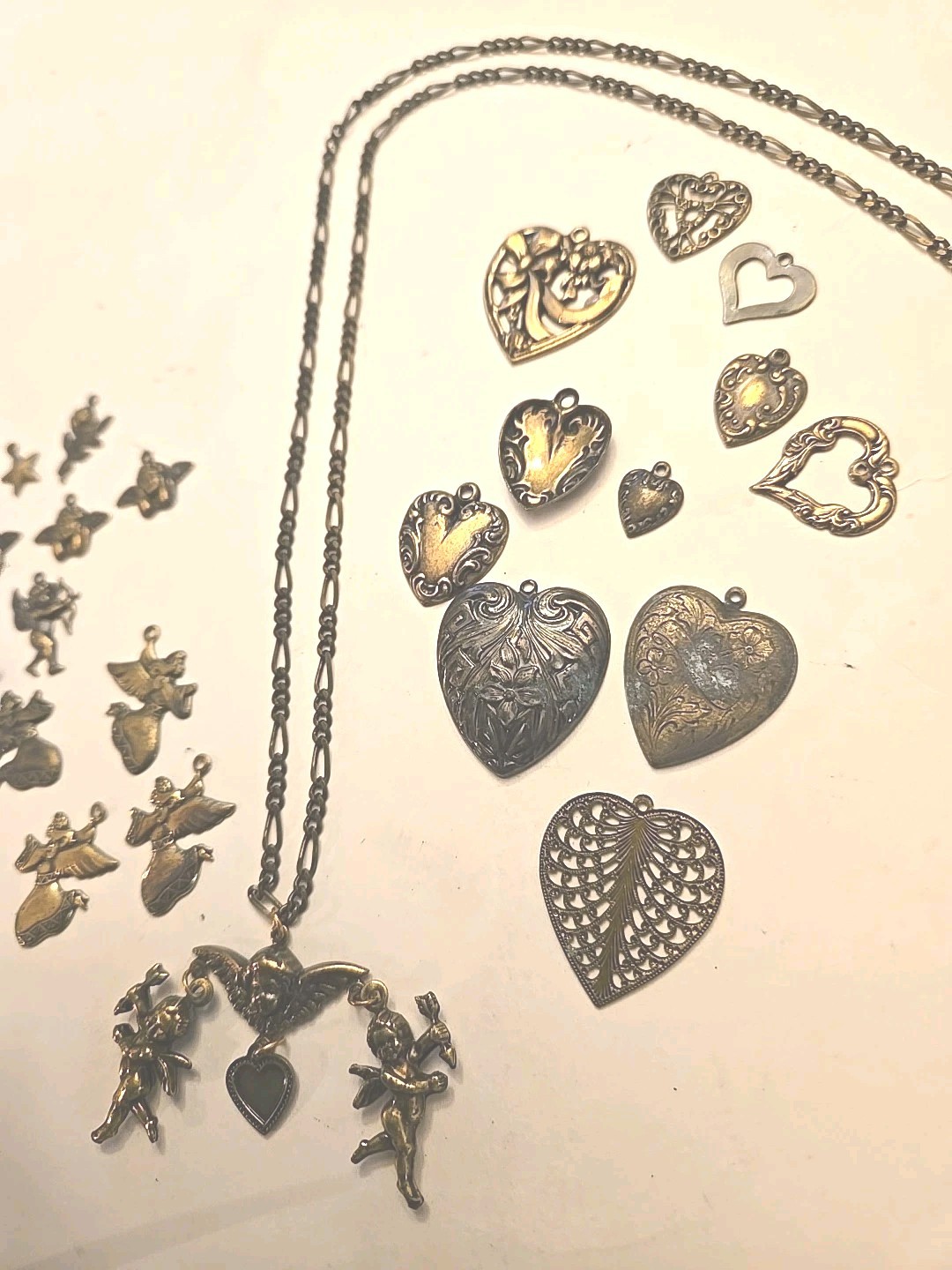 Vintage Cherub Heart Charm Lot Statement Necklace Victorian Revival Romantic