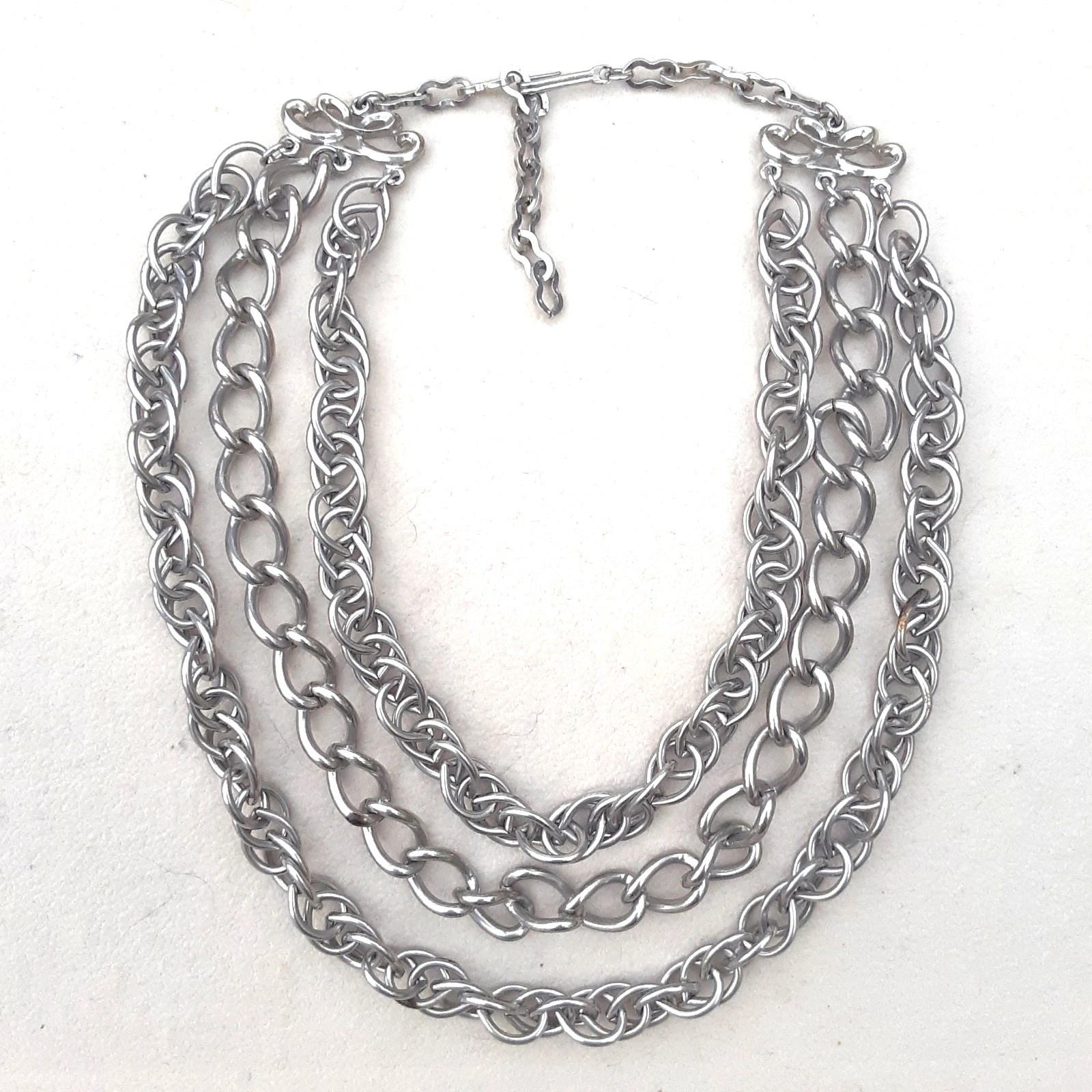 Vtg 90s THREE CHAIN Heavy metal CHOKER Necklace goth Rock punk biker Silver tone