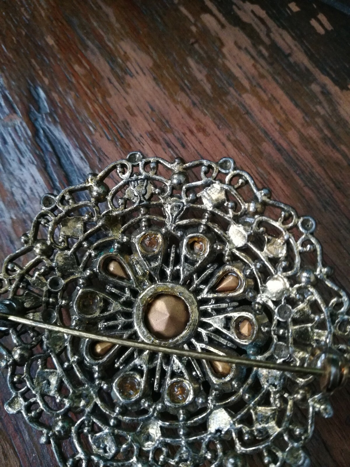 New England Glass Works Antique Brooch Pin Shades of Blue Rhinestones Filigree