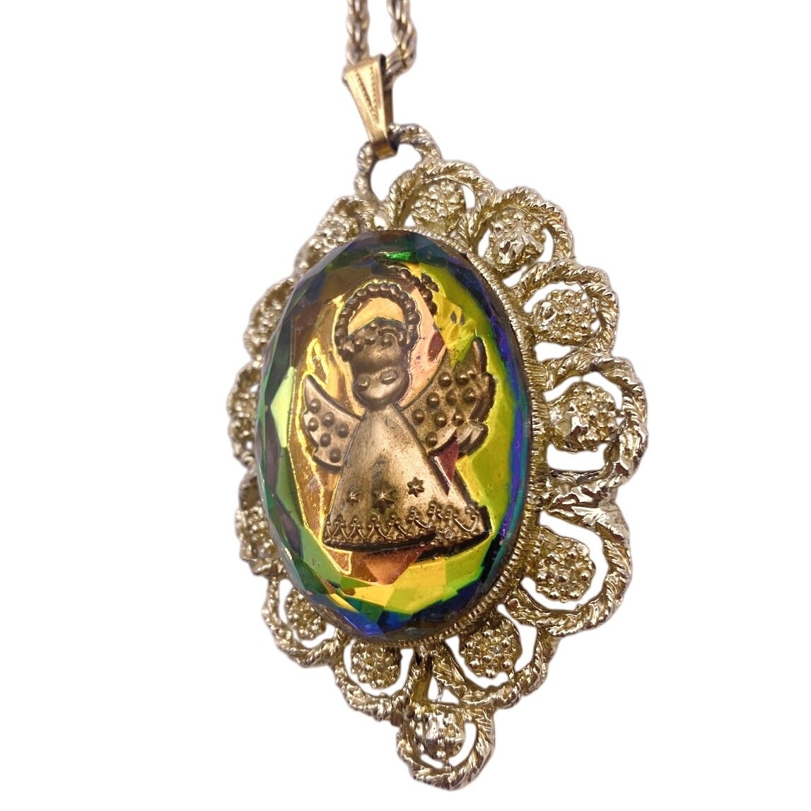 Vintage Glass Angel Intaglio Cameo Chrome Pendant 2″ and Necklace 22” long
