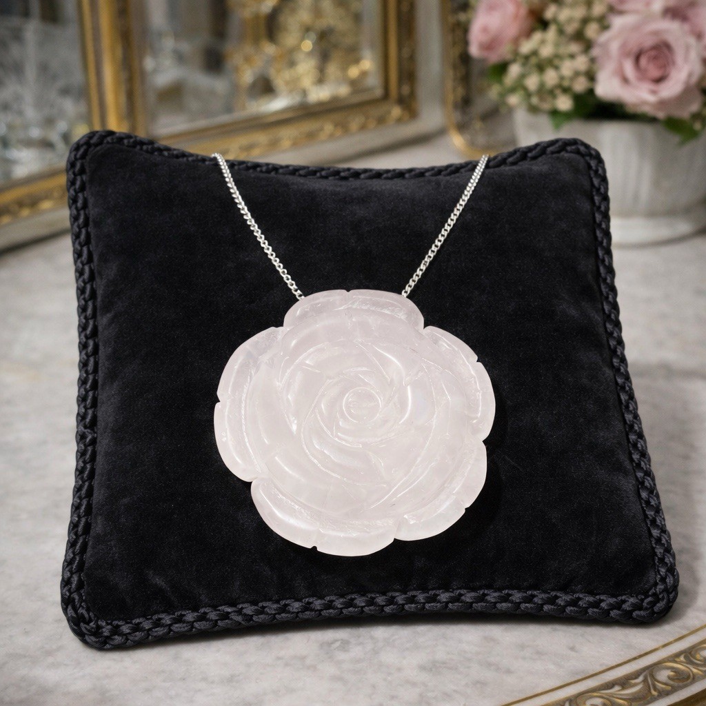 Vintage Carved White Jade Rose Pendant Necklace – 16” – Silver Tone – c1980s