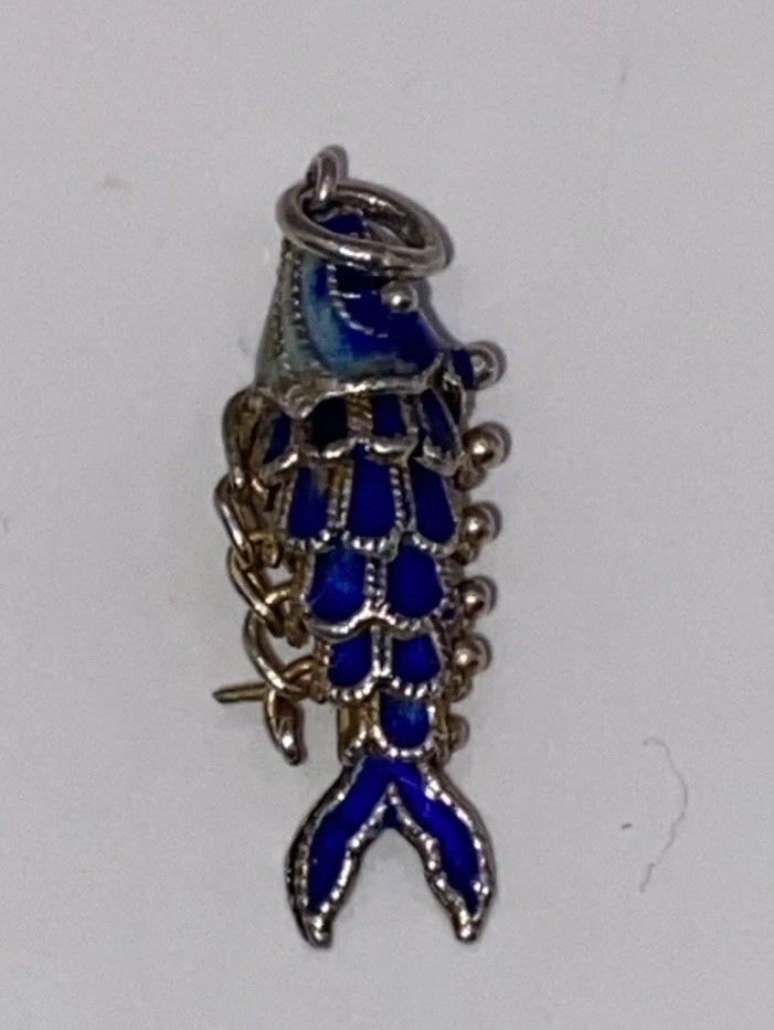 Vintage 2 3/4”Reticulated Fish Cobalt Blue/White Cloisonné Pendant