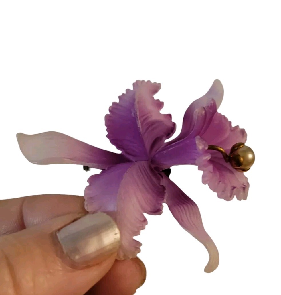 Vintage Acrylic Orchid Brooch With Pearl Purple Germany 2.5″