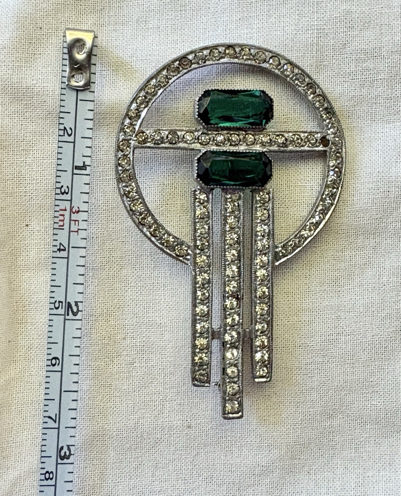 Vintage Art Deco Silver Tone Green Rhinestone Circle Cascade Brooch c1930s