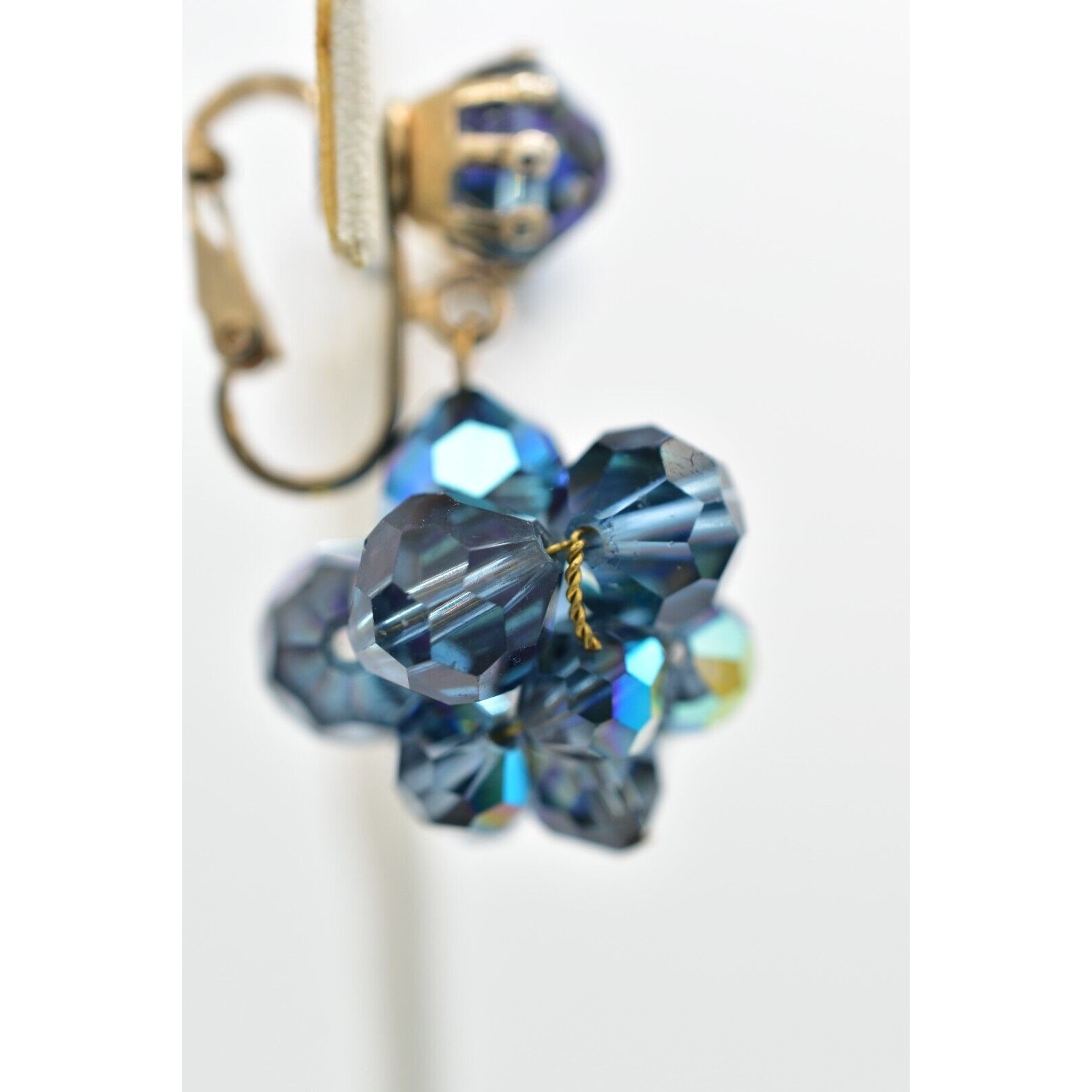 Laguna Vintage Clip On Crystal Earrings Dangle Navy Blue Drop Signed 1950s A24