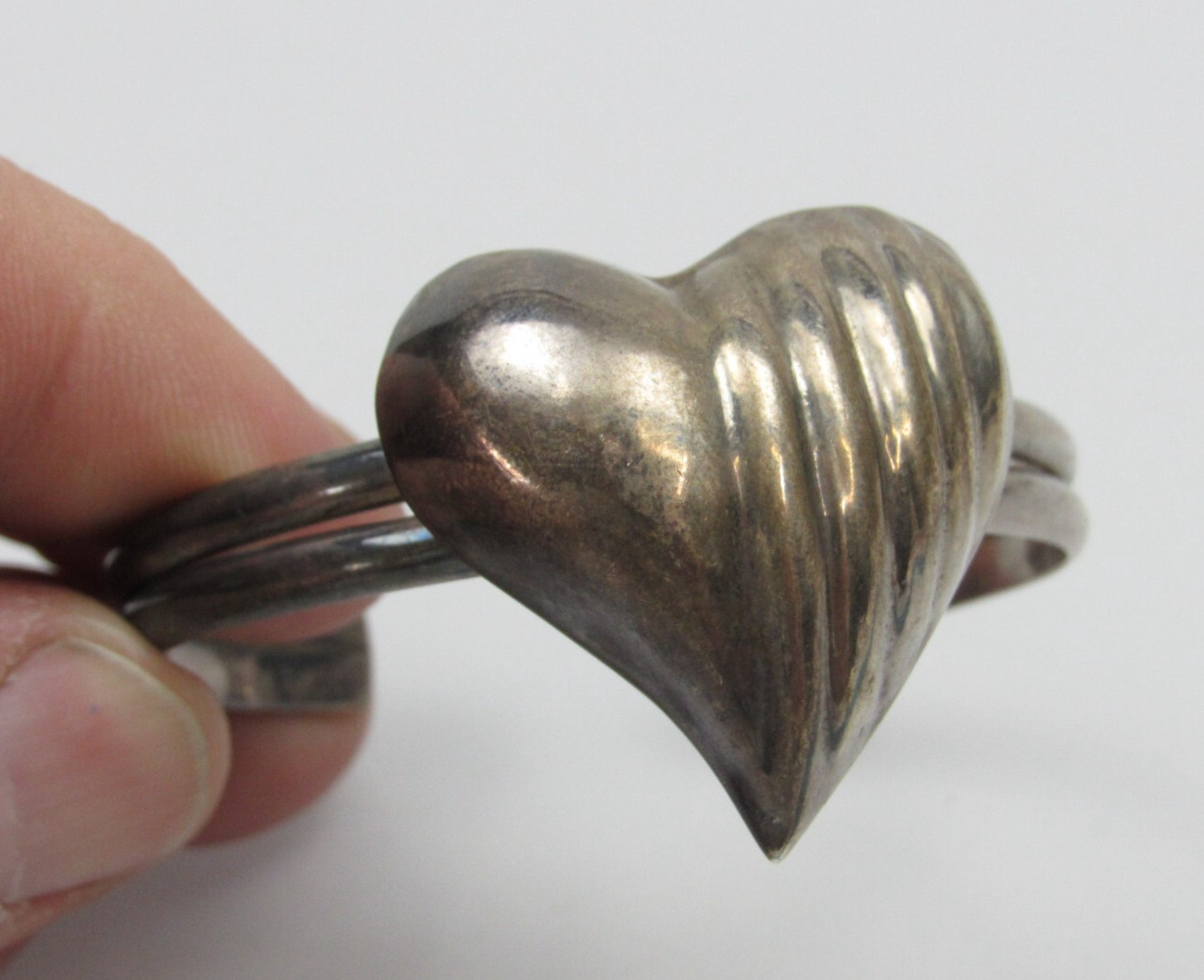 Vintage Taxco Mexico Sterling Silver Cuff Bracelet 3D Heart Puffy 925